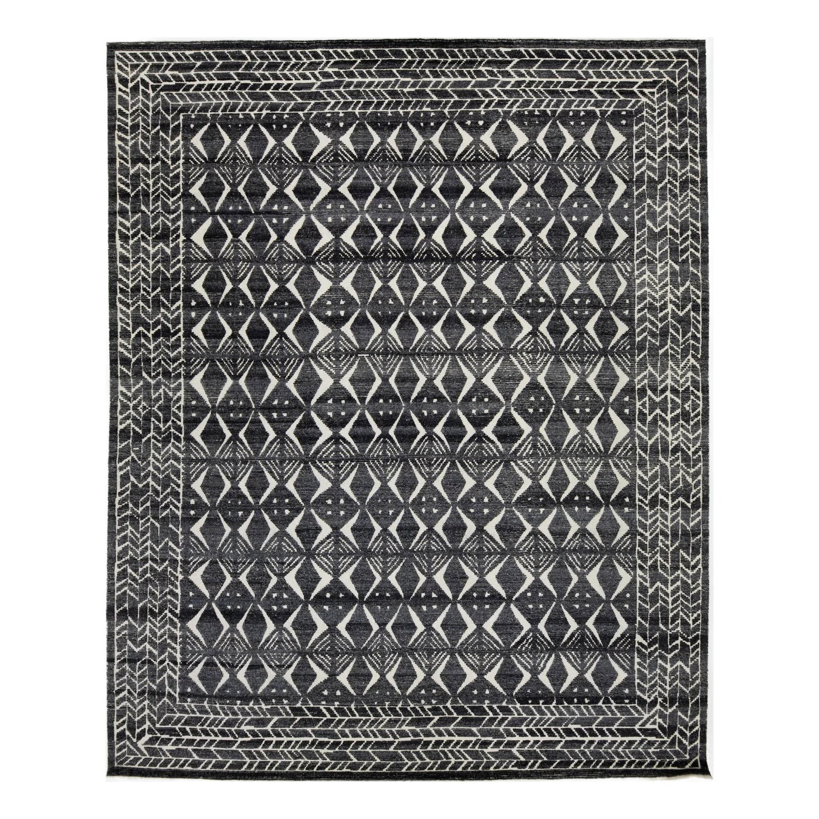 Modern Moroccan Wool Rug 12'1 x 14'11 Gray Geometric: Modern Moroccan Wool Rug 12'1 x 14'11 Gray Geometric Enhance your home decor with this exquisite contemporary Moroccan-style hand-knotted wool rug. Featuring a rich charcoal gray and ivory field, it i