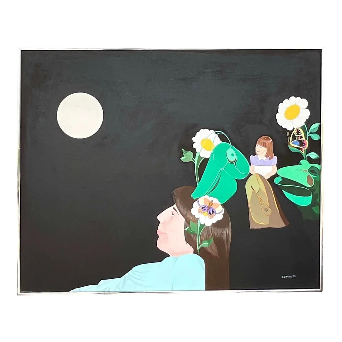 Signed Abstract Expressionist Oil Artwork with Bohemian Woman and Nature Scene: Signed Abstract Expressionist Oil Artwork with Bohemian Woman and Nature Scene This vintage boho abstract expressionist oil painting features a surreal scene depicting a woman surrounded by vibrant gr