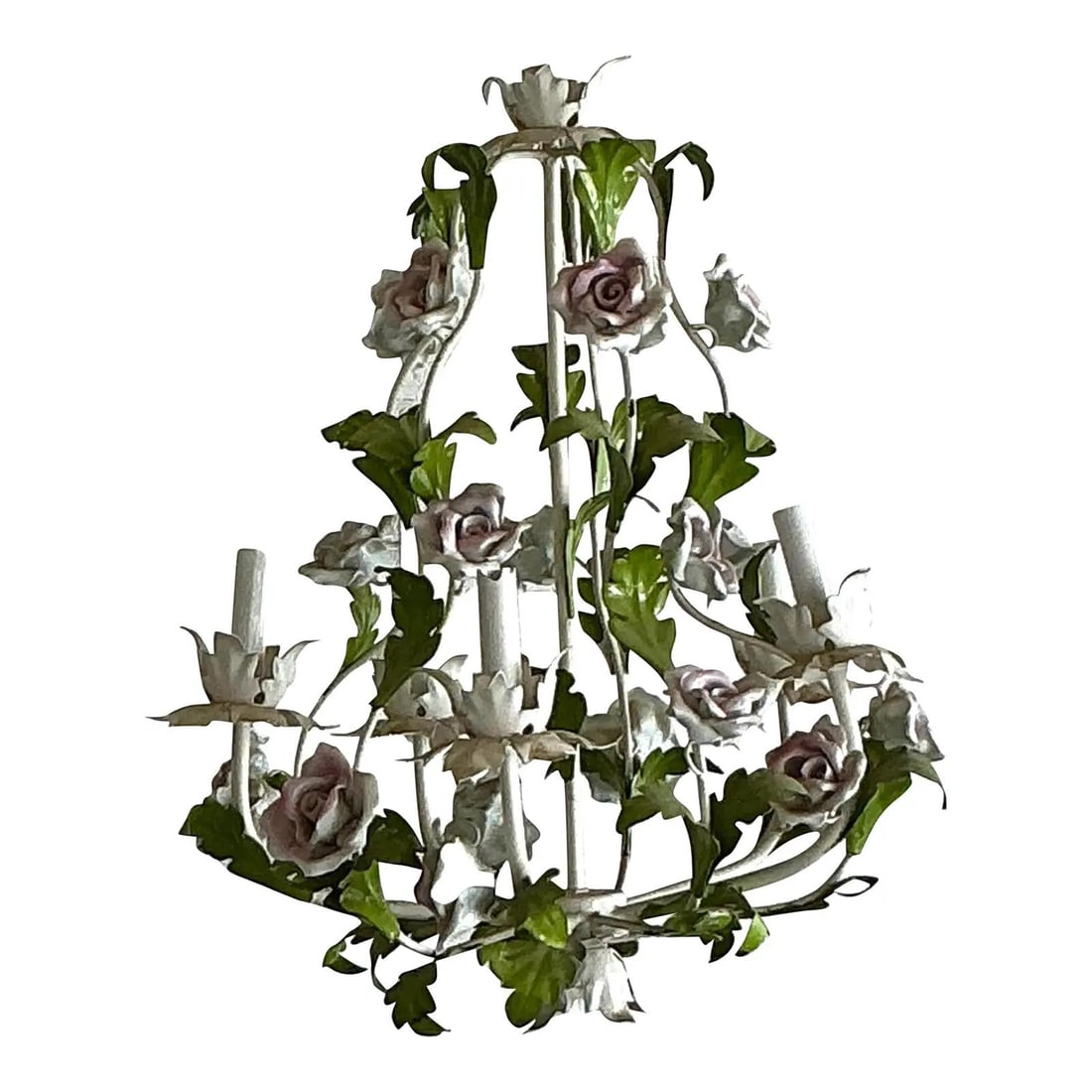 Vintage Hollywood Regency Tole Chandelier with Porcelain Roses: Vintage Hollywood Regency Tole Chandelier with Porcelain Roses Illuminate your space with the romantic charm of this exquisite vintage tole chandelier. This masterful example of Hollywood Regency desi