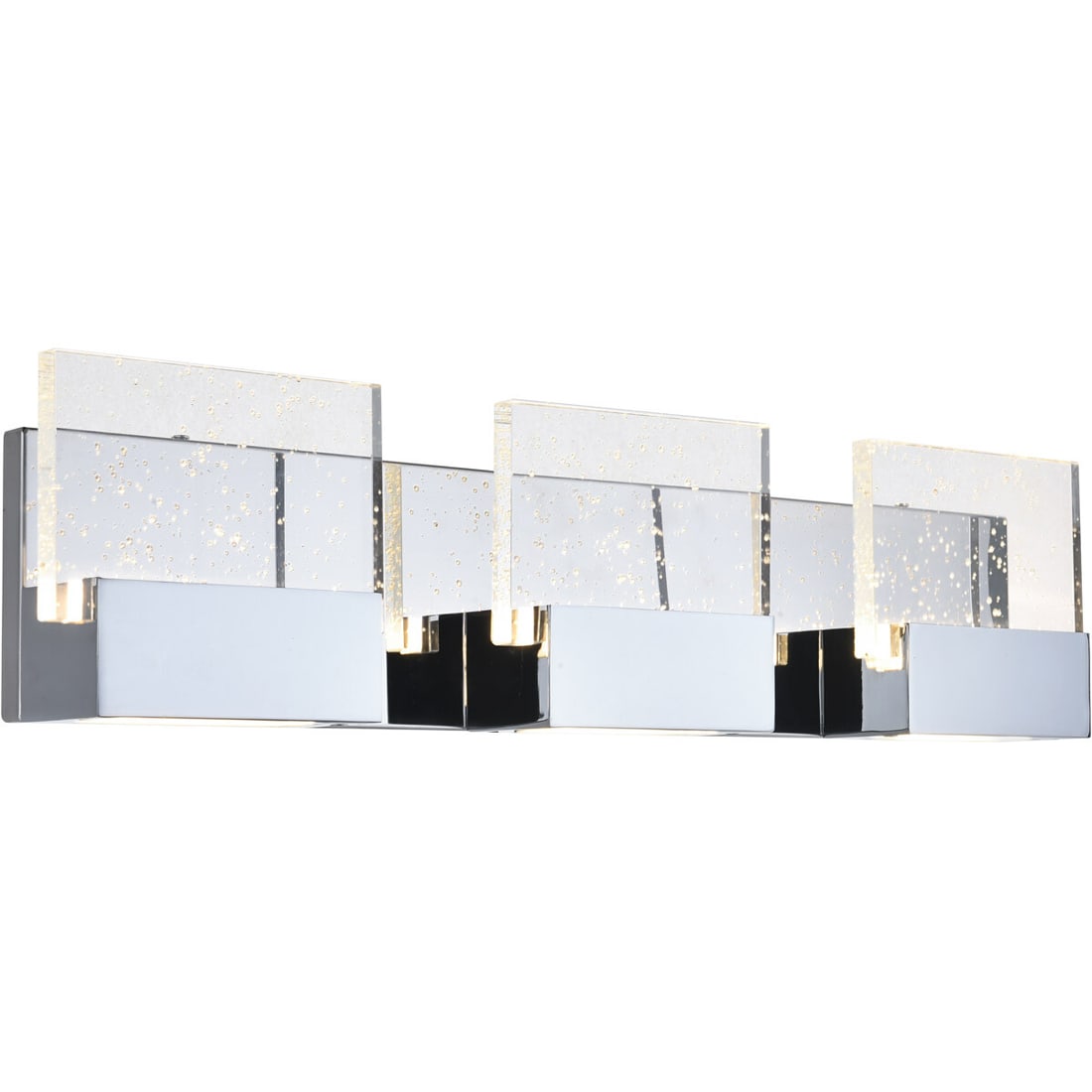 Pollux 22 Inch Chrome Crystal LED Three Light Modern Wall Sconce: Pollux 22 Inch Chrome Crystal LED Three Light Modern Wall Sconce This modern wall sconce features a chrome metal frame with crystal glass shades, designed to enhance bathrooms, bedrooms, and other ind