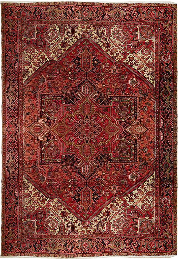 8.8 x 11 Coral Red Semi-Antique Persian Heriz Rug Handmade Wool: 8.8 x 11 Coral Red Semi-Antique Persian Heriz Rug Handmade Wool Free continental US Shipping Introducing the 8.8 x 11 Coral Red Semi-Antique Persian Heriz Rug, a stunning piece that merges traditional