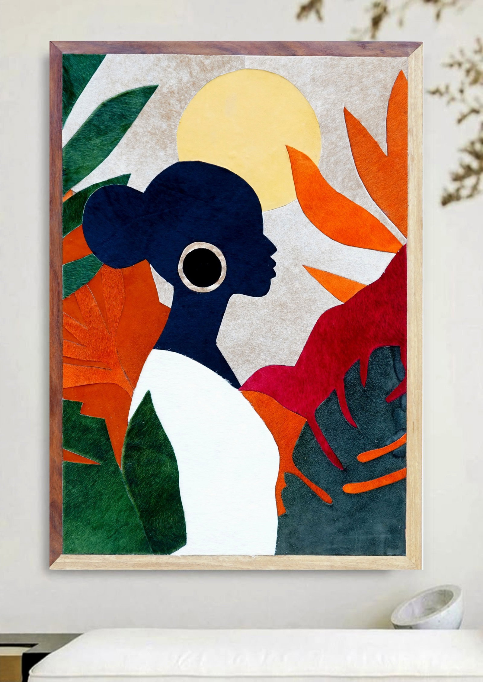 Handcrafted Cowhide Mosaic Wall Art Modern Abstract Tropical Floral Silhouette 12x12: Handcrafted Cowhide Mosaic Wall Art Modern Abstract Tropical Floral Silhouette 12x12 Free continental US Shipping This handcrafted wall art features a modern abstract silhouette of a graceful female f