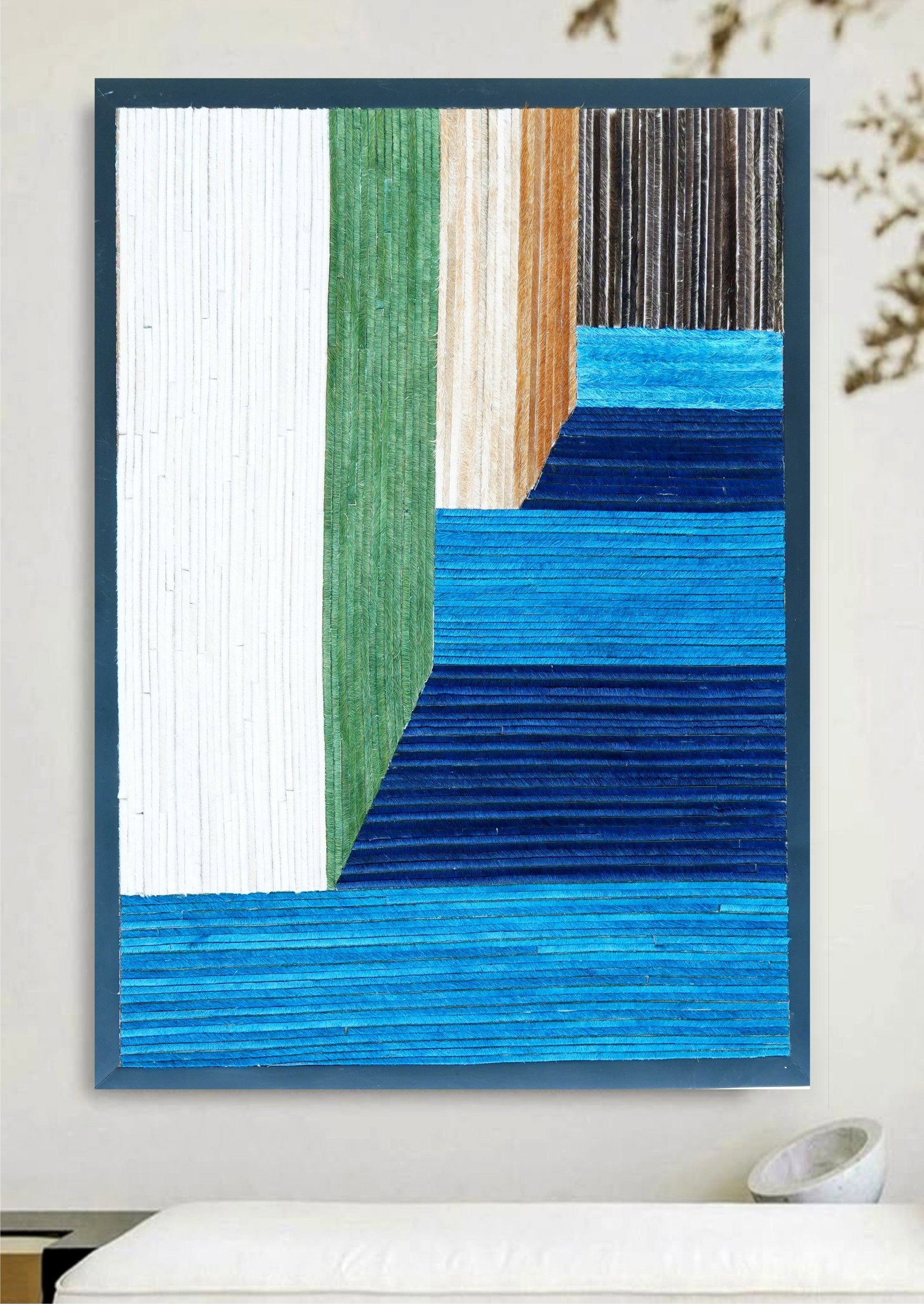 Handcrafted Cowhide Mosaic Wall Art Geometric Blue Green Modern Decor 12x12: Handcrafted Cowhide Mosaic Wall Art Geometric Blue Green Modern Decor 12x12 Free continental US Shipping This handcrafted mosaic wall art features precision-cut pieces of genuine cowhide arranged in a