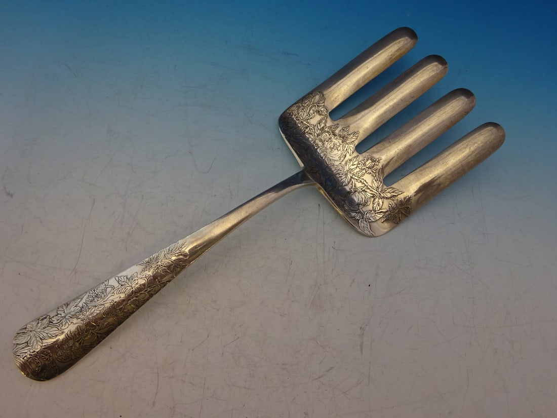 Shiebler Sterling Silver Asparagus Fork Acid Etched Flowers 9 1/4 Inch Monogrammed: Shiebler Sterling Silver Asparagus Fork Acid Etched Flowers 9 1/4 Inch Monogrammed Discover the elegance of this Shiebler Sterling Silver Asparagus Fork, expertly crafted with acid-etched floral and r