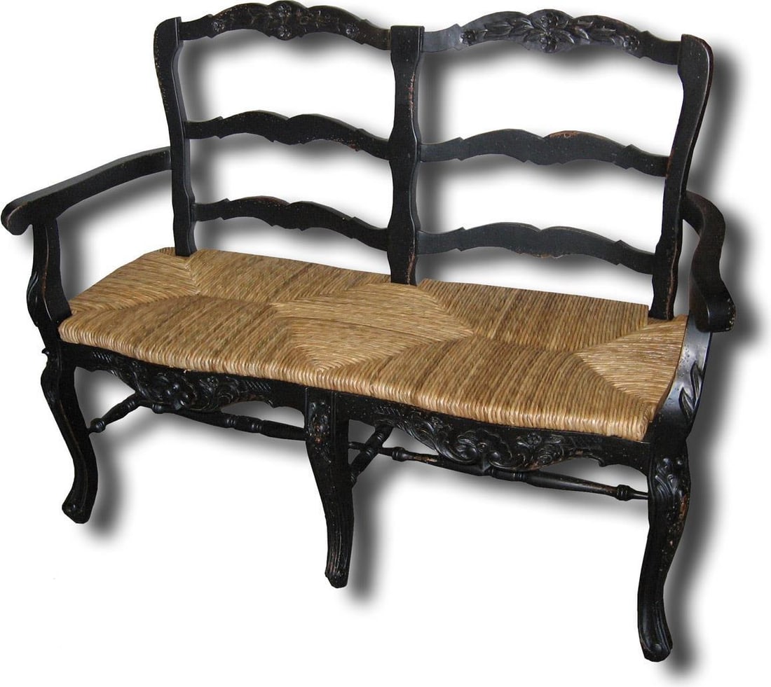 Blackwash Rattan French Country Settee: Blackwash Rattan French Country Settee This elegant Antique Style Blackwash French Country Settee combines vintage charm with contemporary craftsmanship. Crafted from durable rattan and featuring a ha