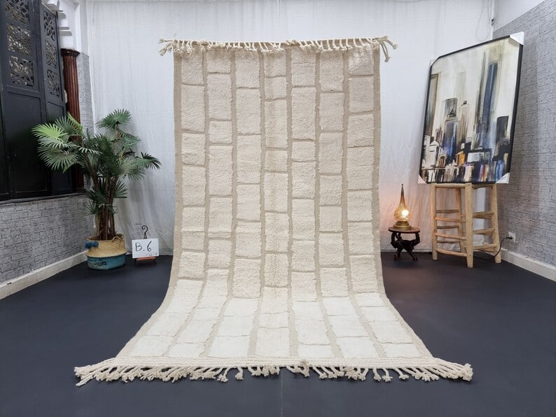 Authentic Handwoven Soft White Engraved Rug 10 x 5 Feet Morocco: Authentic Handwoven Soft White Engraved Rug 10 x 5 Feet Morocco This stunning soft white engraved rug is authentically handwoven in the Atlas Mountains by local Berber women weavers, utilizing traditi