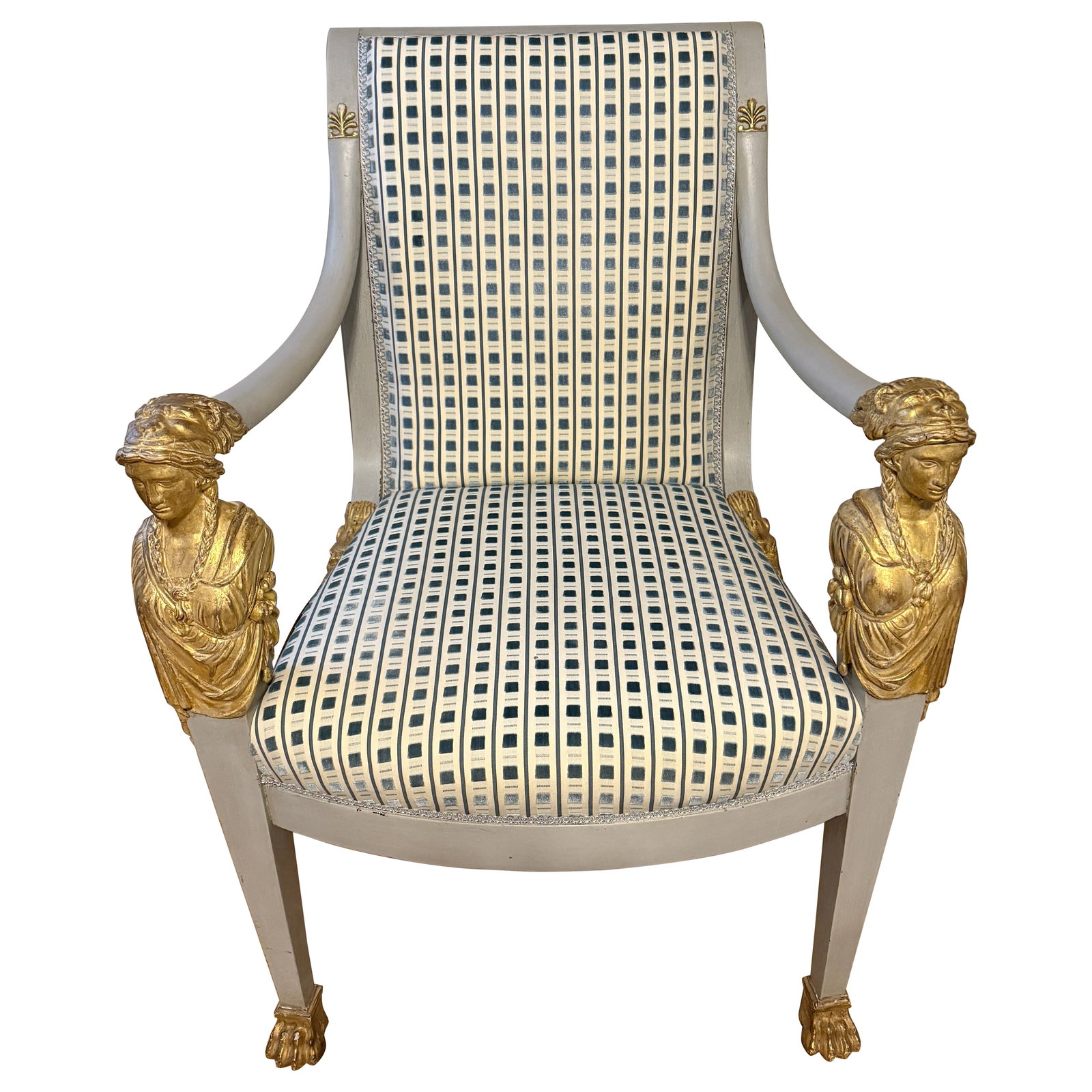 Italian Neoclassical Giltwood Armchair with Scalamandre Velvet Circa 1820: Italian Neoclassical Giltwood Armchair with Scalamandre Velvet Circa 1820 This Italian Neoclassical armchair, dating to circa 1820, exemplifies the exquisite craftsmanship of early 19th-century design