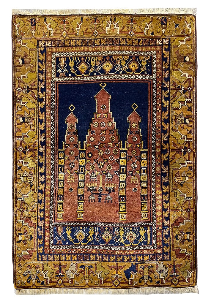 3.9 x 5.6 Handwoven Prayer Rug Turkish Wool Area Rug: 3.9 x 5.6 Handwoven Prayer Rug Turkish Wool Area Rug Free continental US Shipping Enhance your sacred space with this exquisite 3.9 x 5.6 Prayer Handmade Turkish Rug, a stunning representation of trad