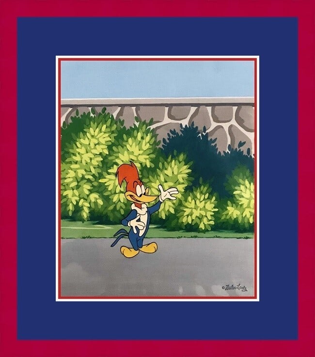 Rare Woody Woodpecker Hand Painted Cel by Walter Lantz Custom Framed: Rare Woody Woodpecker Hand Painted Cel by Walter Lantz Custom Framed This rare 1950's Woody Woodpecker hand-painted production cel is a remarkable piece of animation history. Created by renowned illus