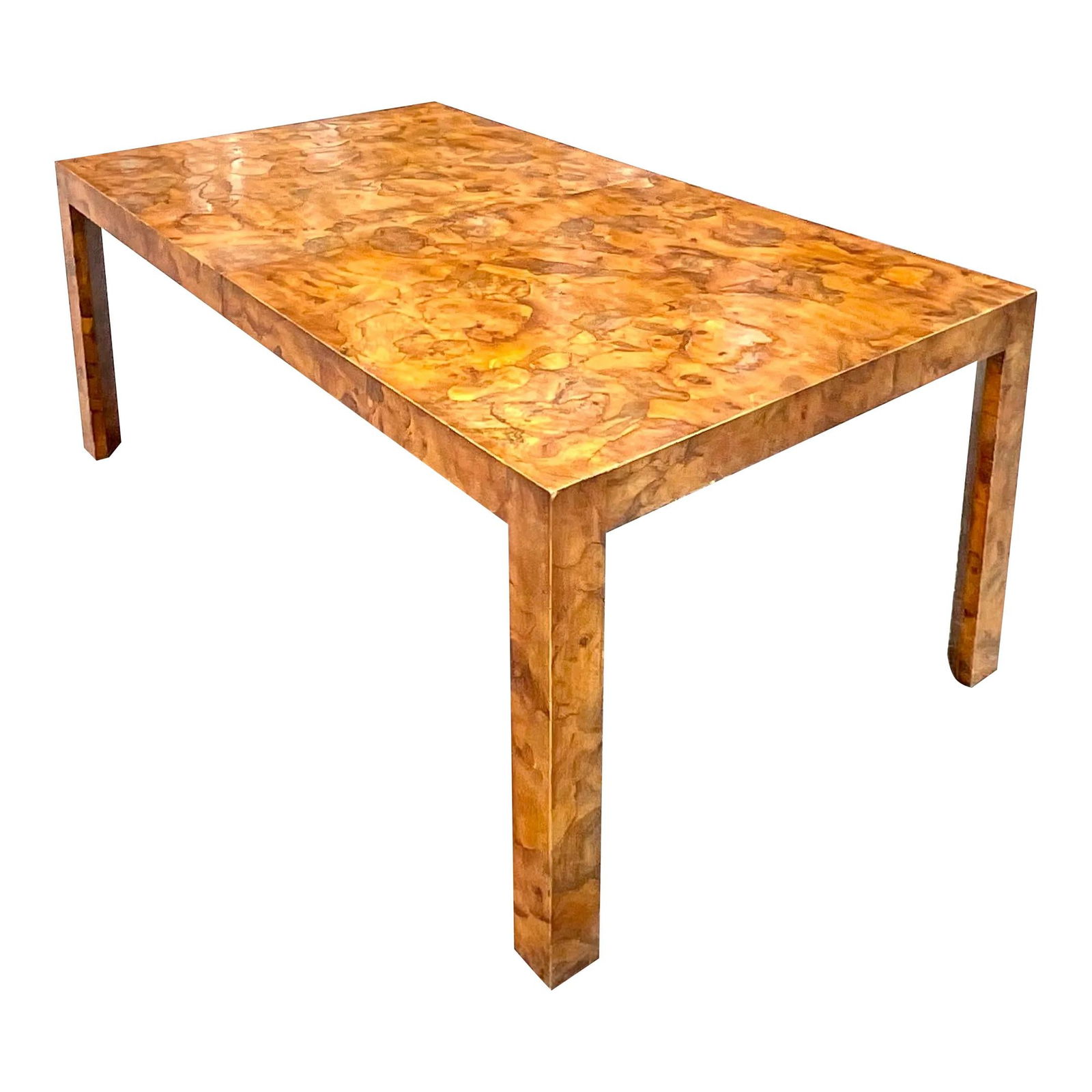 Vintage Italian Olive Burl Wood Extendable Dining Table Chestnut Finish: Vintage Italian Olive Burl Wood Extendable Dining Table Chestnut Finish Elevate your dining experience with this Vintage Italian Olive Burl Wood Extendable Dining Table. Showcasing exquisite Italian c