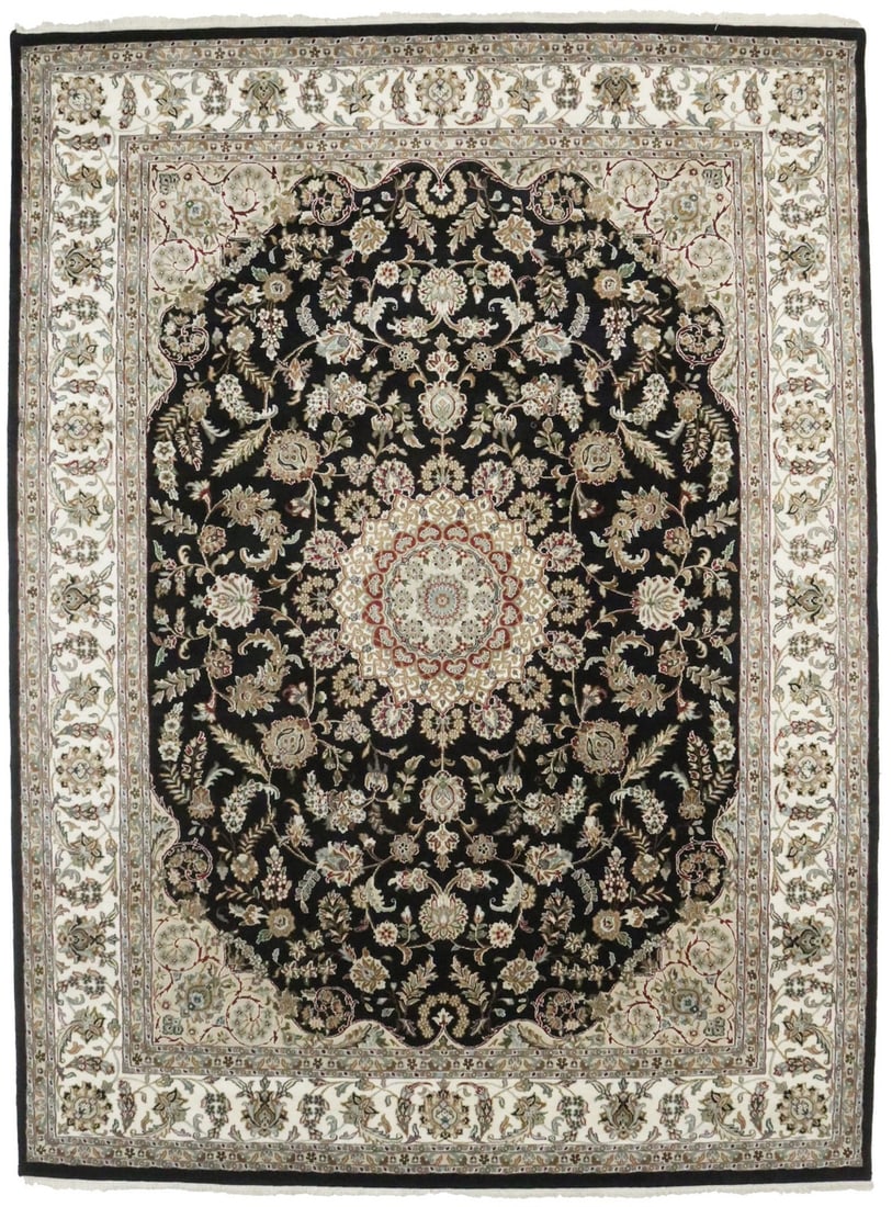 Indo-Nain Hand-Knotted Floral Medallion Wool Silk Rug 9'1 x 11'11: Indo-Nain Hand-Knotted Floral Medallion Wool Silk Rug 9'1 x 11'11 Enhance your living space with this stunning Indo-Nain Oriental Rug, featuring a striking black floral medallion design. Measuring 9'1