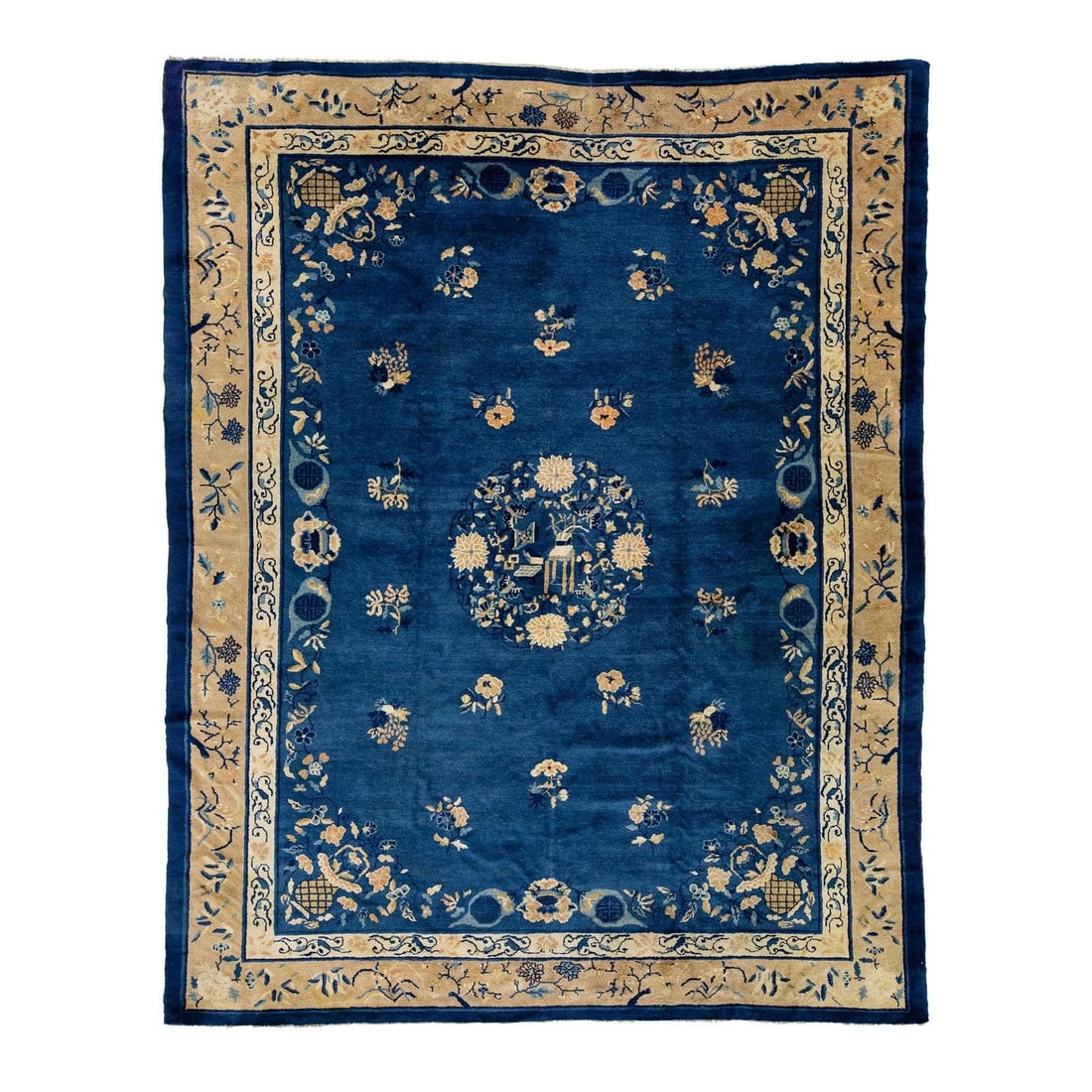 Antique Chinese Art Deco Wool Rug Blue Floral Design 9'1" x 11'6": Antique Chinese Art Deco Wool Rug Blue Floral Design 9'1" x 11'6" This exquisite antique Chinese Art Deco rug is hand-knotted from high-quality wool, showcasing a stunning deep blue background adorned