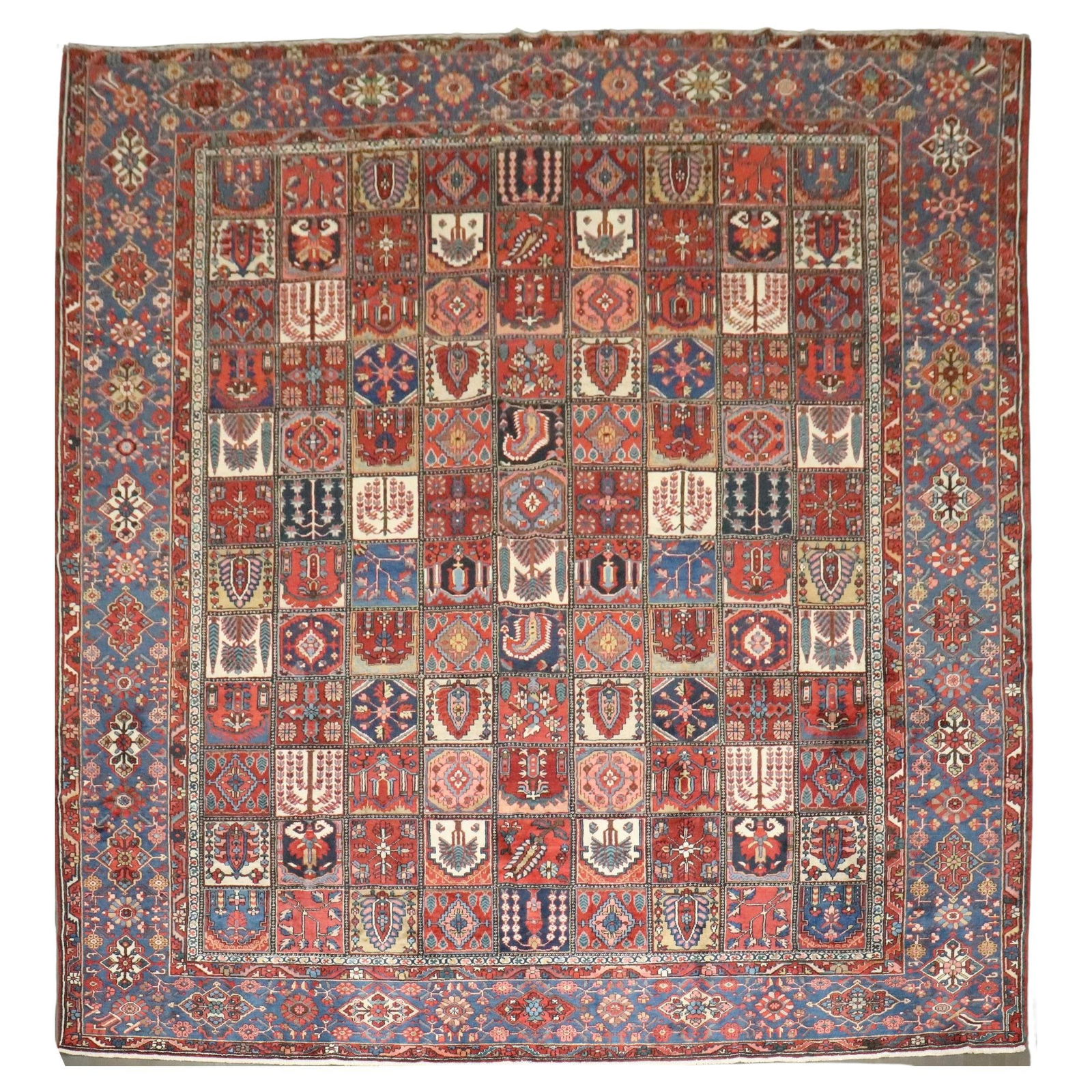 Large Vintage Bakhtiari Persian Rug 13' x 15'3'' Hand-Woven Wool: Large Vintage Bakhtiari Persian Rug 13' x 15'3'' Hand-Woven Wool This exquisite large square Persian antique Bakhtiari rug showcases a stunning tribal design, perfect for adding a touch of elegance to