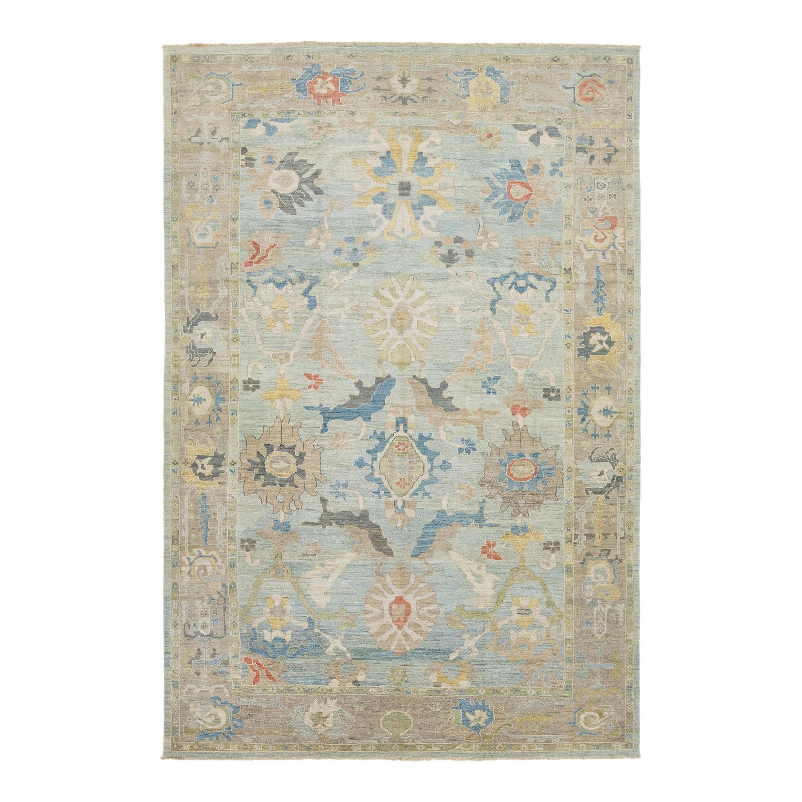 Handmade Blue Wool Rug 10'2 x 15'2 Modern Design: Handmade Blue Wool Rug 10'2 x 15'2 Modern Design Enhance your living space with this stunning hand-knotted wool rug, featuring a serene light blue background beautifully complemented by intricate all-