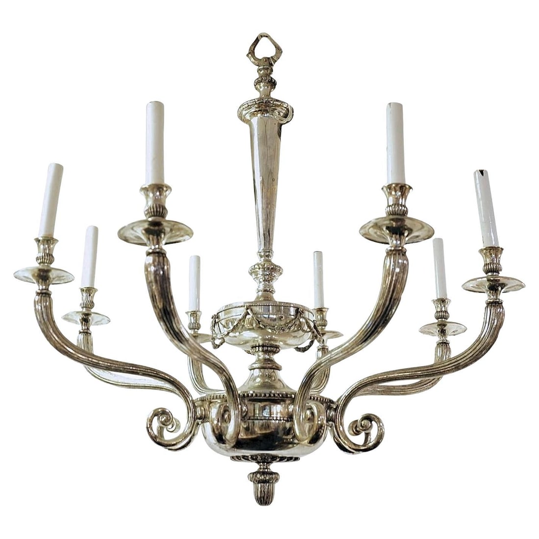 Early 20th Century Britannia Silver Neoclassical 8-Light Chandelier Caldwell Attributed: Early 20th Century Britannia Silver Neoclassical 8-Light Chandelier Caldwell Attributed This fine neoclassical chandelier is attributed to Edward F. Caldwell and features a silvered Britannia Standard