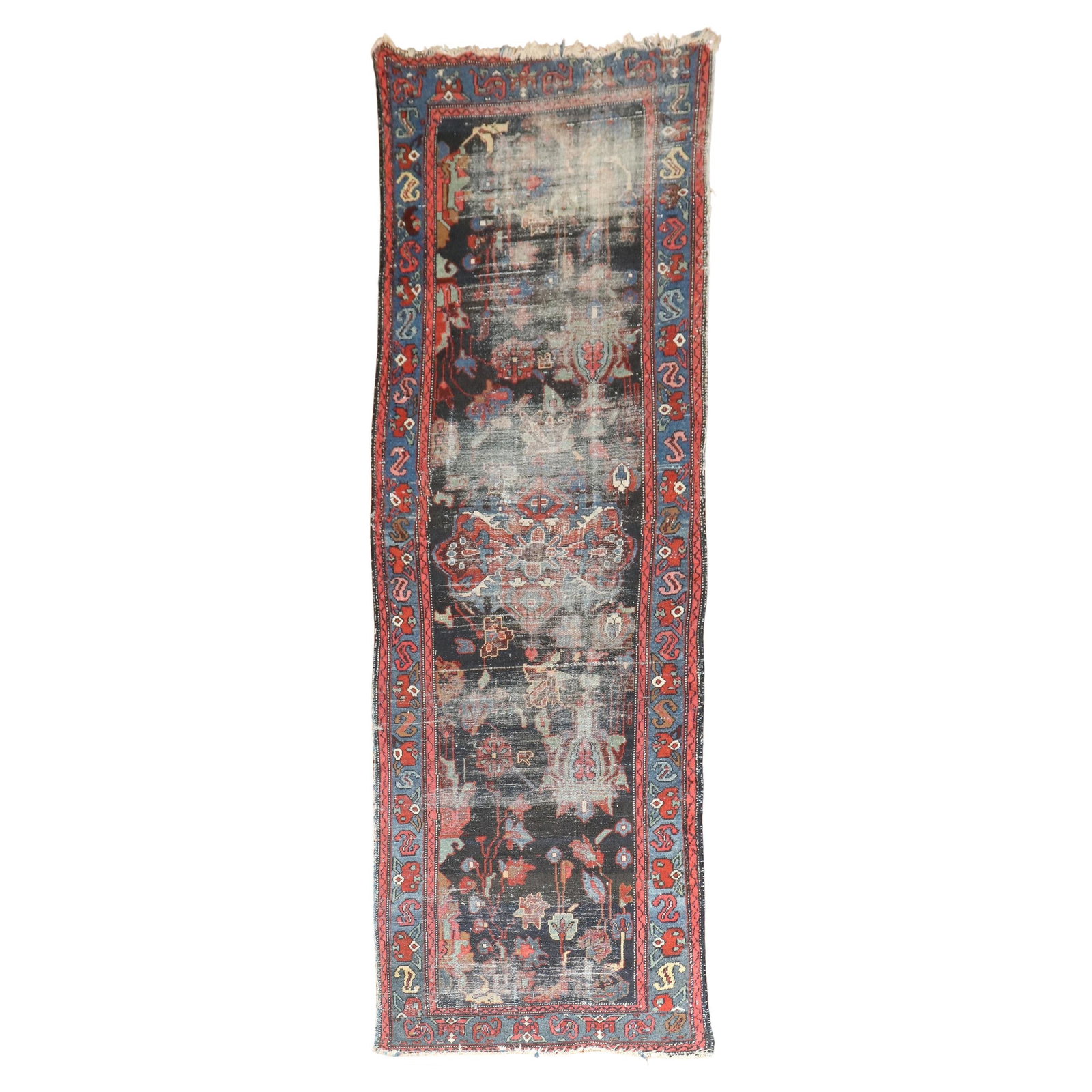Zabihi Collection Hand-Woven Persian Runner Heriz Serapi 38x119 in: Zabihi Collection Hand-Woven Persian Runner Heriz Serapi 38x119 in Discover the elegance of the Zabihi Collection with this exquisite worn distressed Persian runner, showcasing the traditional Heriz S
