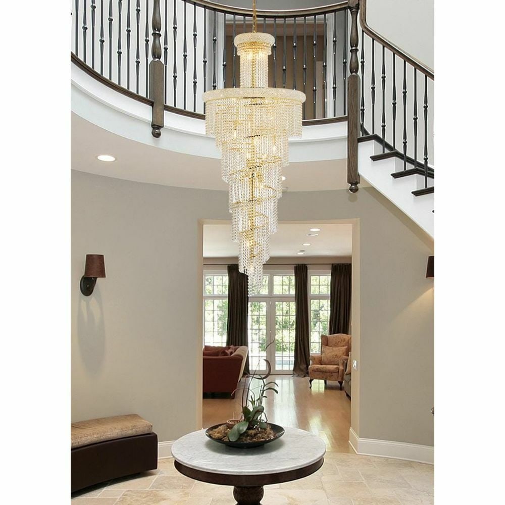 Spiral 28 Light Gold Crystal Chandelier 30 x 72 Inch Modern Entryway Fixture: Spiral 28 Light Gold Crystal Chandelier 30 x 72 Inch Modern Entryway Fixture This is a large spiral chandelier designed for entryways and grand spaces, featuring 28 lights and a striking modern design