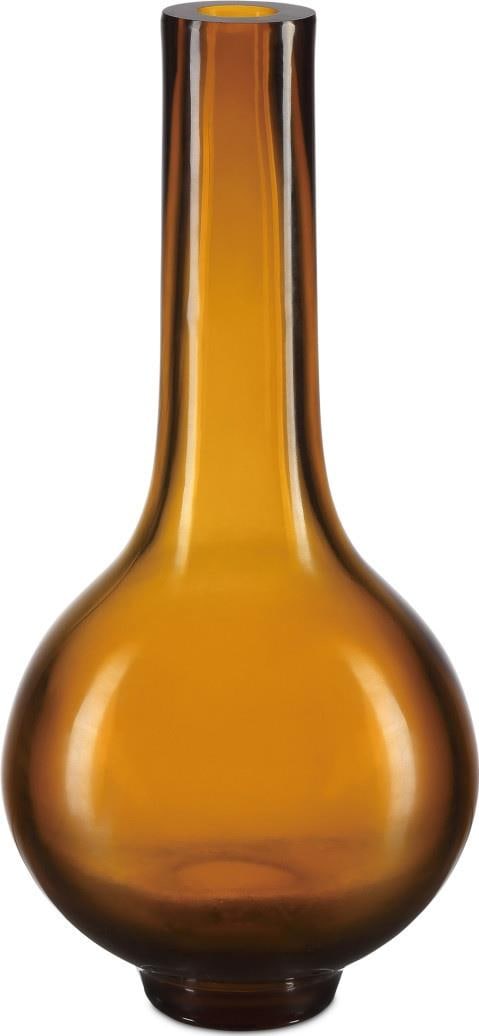 Currey Peking Amber Glass Vase with Gold Accents 14.25H: Currey Peking Amber Glass Vase with Gold Accents 14.25H This exquisite amber glass vase features elegant gold accents, making it a stunning addition to any home decor. Standing at 14.25 inches tall an