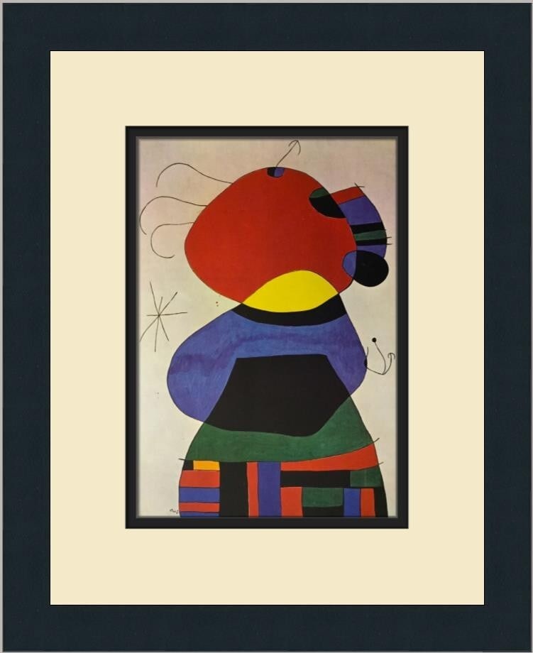 Joan Miro Woman with Three Hairs Framed Art Print 1996: Joan Miro Woman with Three Hairs Framed Art Print 1996 This exquisite custom framed print by Joan Miro, titled "Woman with Three Hairs Surrounded by Birds," showcases a blend of abstract expressionism