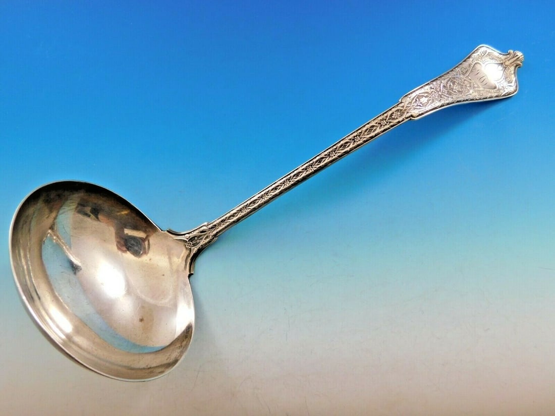 Tiffany & Co Persian Sterling Silver Soup Ladle 13" Monogrammed: Tiffany & Co Persian Sterling Silver Soup Ladle 13" Monogrammed Introduce elegance to your dining experience with this exquisite Sterling Silver Soup Serving Ladle from the renowned pattern, Persian,