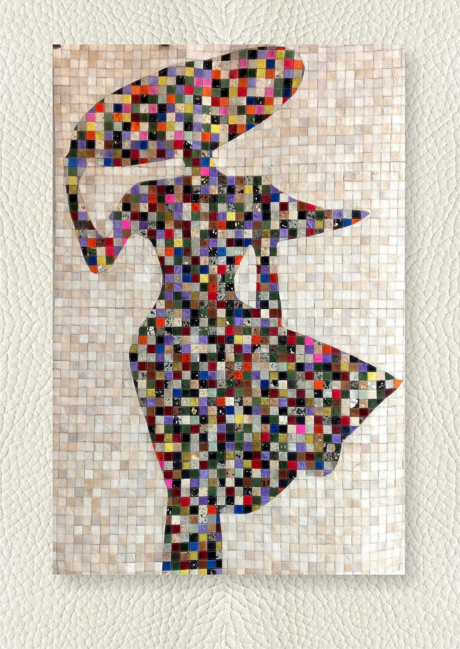 Handcrafted Vibrant Silhouette Mosaic Patchwork Cowhide Leather Rug 3FT x 5FT: Handcrafted Vibrant Silhouette Mosaic Patchwork Cowhide Leather Rug 3FT x 5FT Free continental US Shipping This handcrafted rug features a vibrant silhouette mosaic design made from premium hair-on co