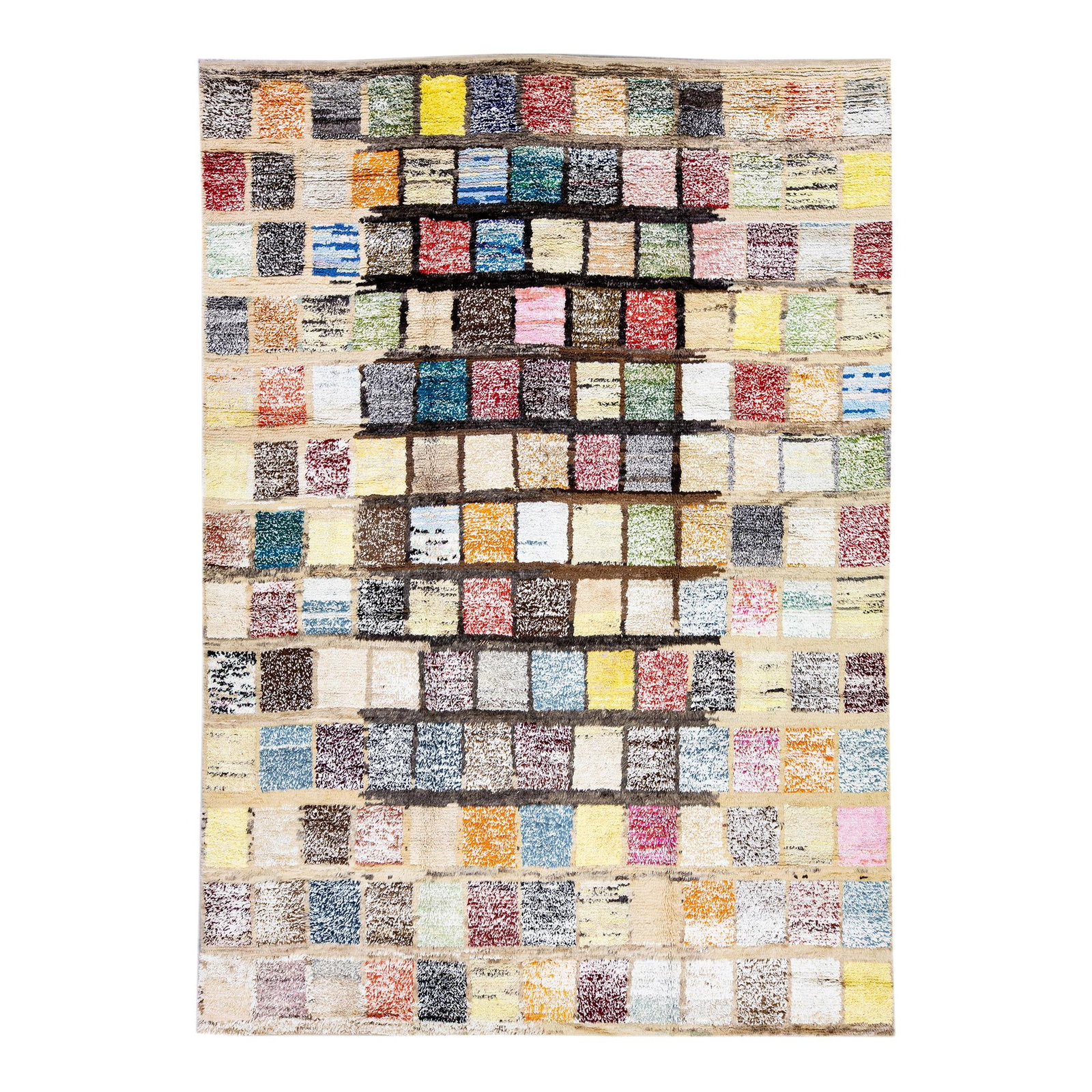 Modern Turkish Tulu Handmade Wool Rug 10' x 14'5' Multicolor Square Design: Modern Turkish Tulu Handmade Wool Rug 10' x 14'5' Multicolor Square Design Enhance your space with this stunning Turkish Tulu handmade wool rug, showcasing a beige field adorned with vibrant multicolo