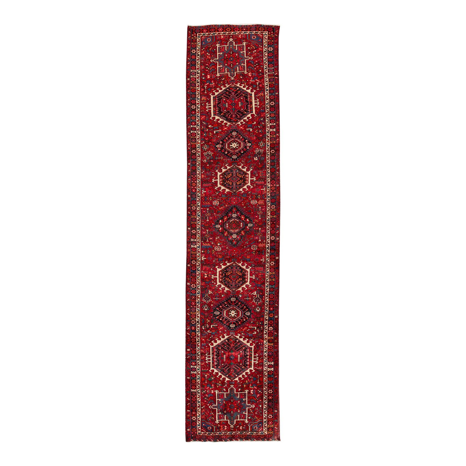 Vintage Persian Heriz Ruby Red Floral Wool Runner 3'1" x 14': Vintage Persian Heriz Ruby Red Floral Wool Runner 3'1" x 14' This exquisite vintage Persian Heriz runner showcases a stunning ruby-red field adorned with an intricate multi-color floral medallion desi