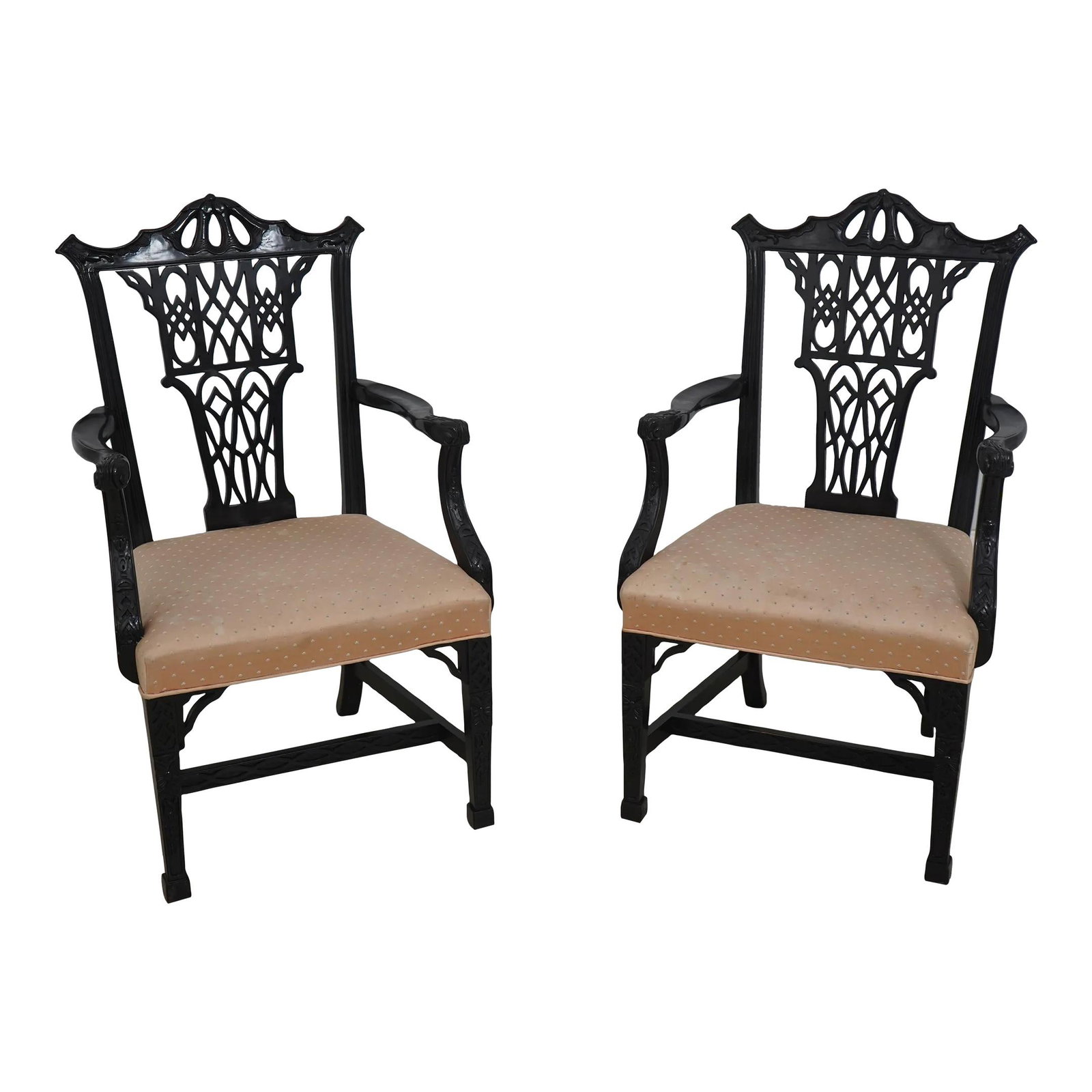 Vintage 1950s Chinese Chippendale Black Lacquer Armchairs Pair: Vintage 1950s Chinese Chippendale Black Lacquer Armchairs Pair This exquisite pair of vintage Chinese Chippendale armchairs, dating back to the 1950s, showcases high-quality construction and fine craf