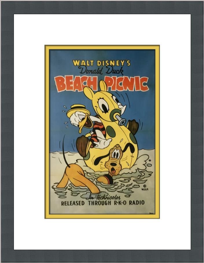 Donald Duck Beach Picnic Custom Framed Print by Walt Disney 1992: Donald Duck Beach Picnic Custom Framed Print by Walt Disney 1992 This charming custom framed print features the beloved Disney character Donald Duck enjoying a beach picnic. Created by Walt Disney, th
