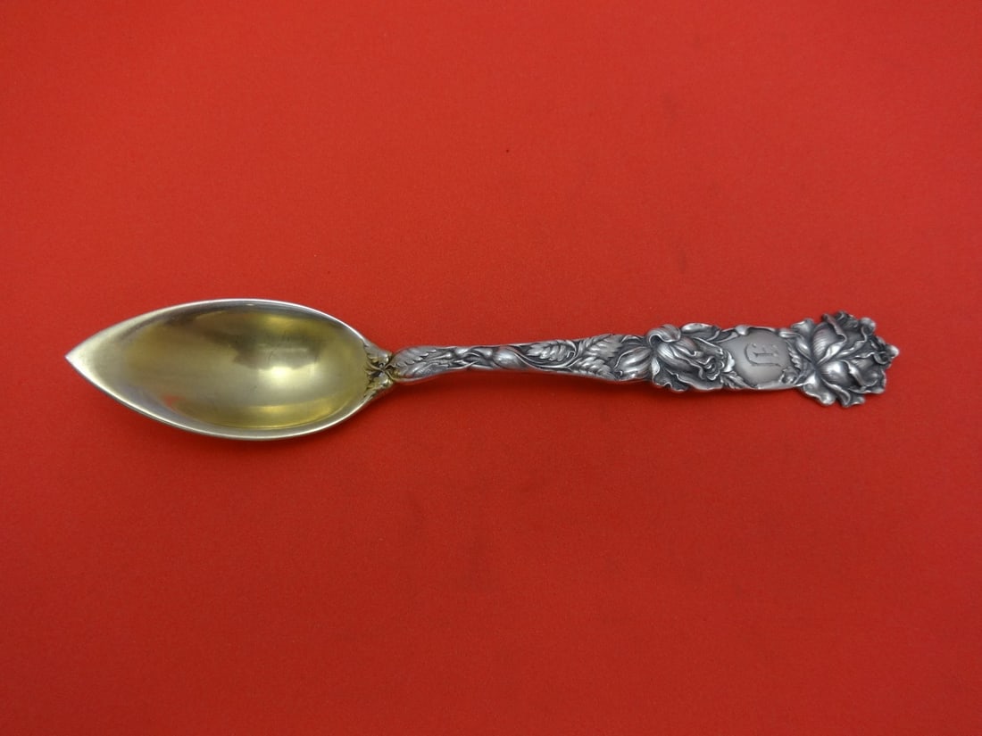 Alvin Bridal Rose Sterling Silver Gold Washed Grapefruit Spoon 5 3/4 inches: Alvin Bridal Rose Sterling Silver Gold Washed Grapefruit Spoon 5 3/4 inches This exquisite Grapefruit Spoon from the Bridal Rose pattern by Alvin showcases the elegance of early 20th-century flatware.