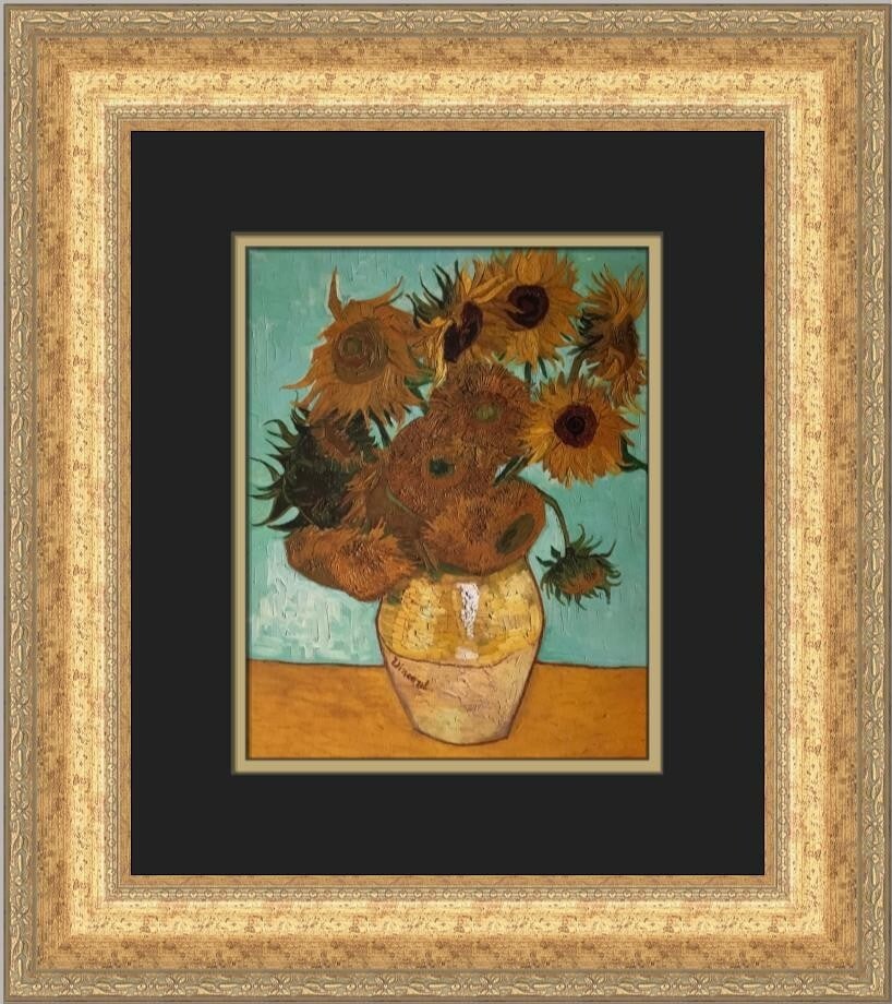 Vincent Van Gogh Twelve Sunflowers in a Vase Custom Framed Print: Vincent Van Gogh Twelve Sunflowers in a Vase Custom Framed Print This stunning custom framed print features Vincent Van Gogh's iconic work, "Twelve Sunflowers in a Vase." The piece showcases a vibrant