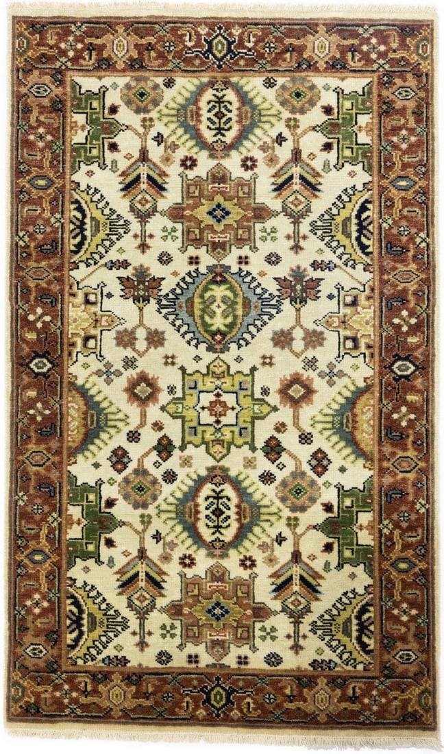 Hand-Knotted Wool Geometric Area Rug Cream and Rust 3x5 Modern Indo-Karajeh: Hand-Knotted Wool Geometric Area Rug Cream and Rust 3x5 Modern Indo-Karajeh This pre-owned Indo-Karajeh rug features a hand-knotted wool construction with a geometric pattern in cream, rust, green, gr