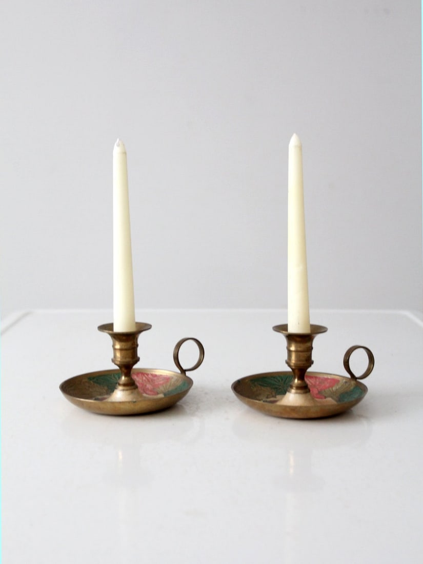 Vintage Brass Enamel Floral Candlestick Holder Pair Red Green Gold: Vintage Brass Enamel Floral Candlestick Holder Pair Red Green Gold This exquisite pair of vintage brass enamel candlestick holders features a stunning floral design in red, green, and gold. Crafted wi