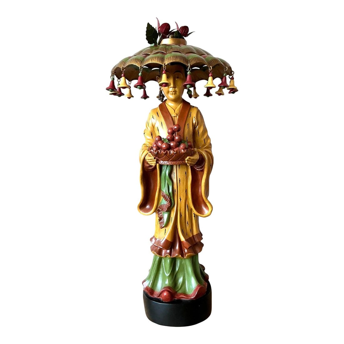 Hand-Carved Orientalist Accent Lamp With Tiered Umbrella Hat Shade: Hand-Carved Orientalist Accent Lamp With Tiered Umbrella Hat Shade This vintage hand-carved Asian figure accent lamp features a gracefully sculpted figure in traditional attire, holding a basket of fr