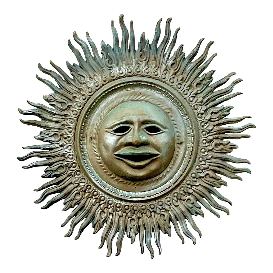 Vintage Boho Verdigris Cast Aluminum Sun Wall Sculpture 45x45: Vintage Boho Verdigris Cast Aluminum Sun Wall Sculpture 45x45 Enhance your space with this stunning vintage Boho Sun wall sculpture, crafted from patinated cast aluminum. Featuring a beautiful verdigr