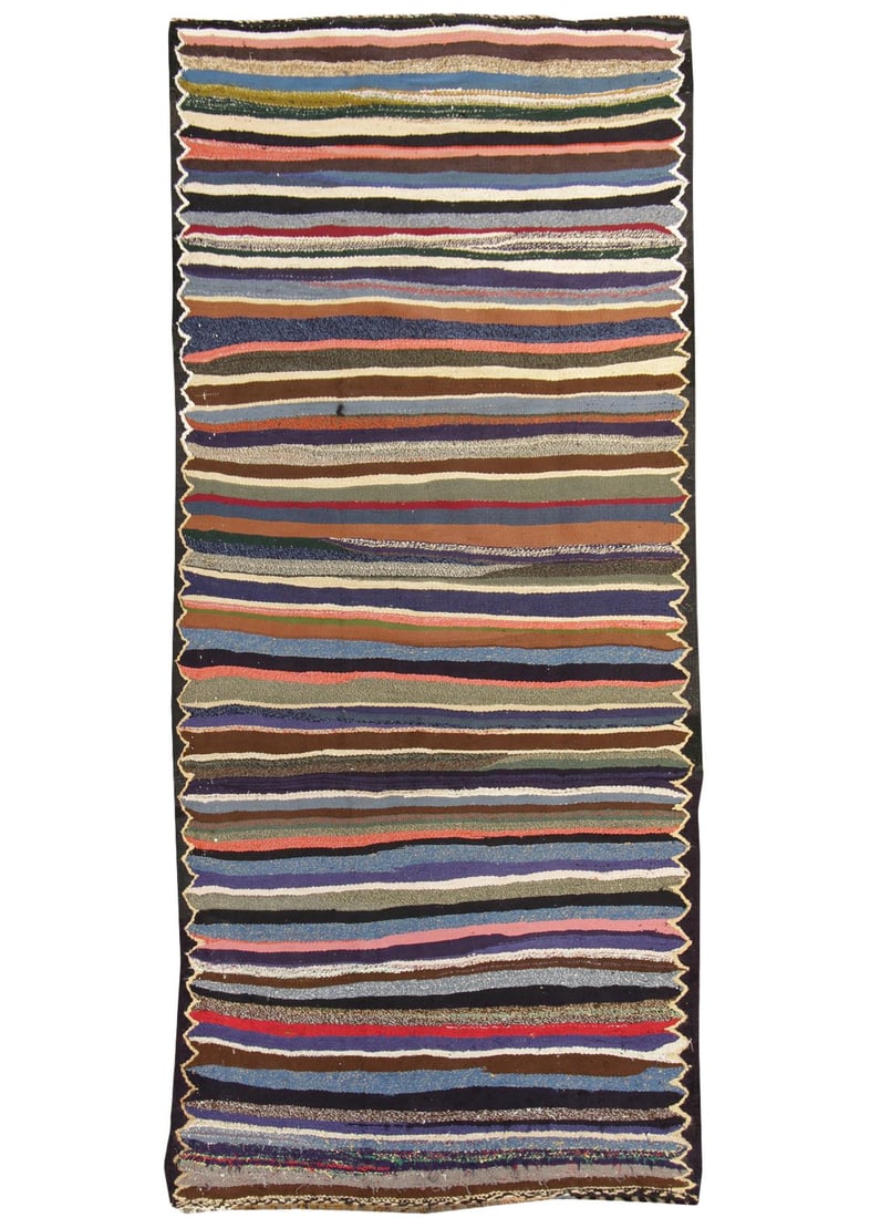 Mid-20th Century Hand-Knotted Wool Kilim Rug 4'7 x 8'7 Multi-Color Stripe: Mid-20th Century Hand-Knotted Wool Kilim Rug 4'7 x 8'7 Multi-Color Stripe Discover the charm of this mid-20th century vintage Kilim rug, hand-knotted with a striking stripe design on a vibrant multi-c