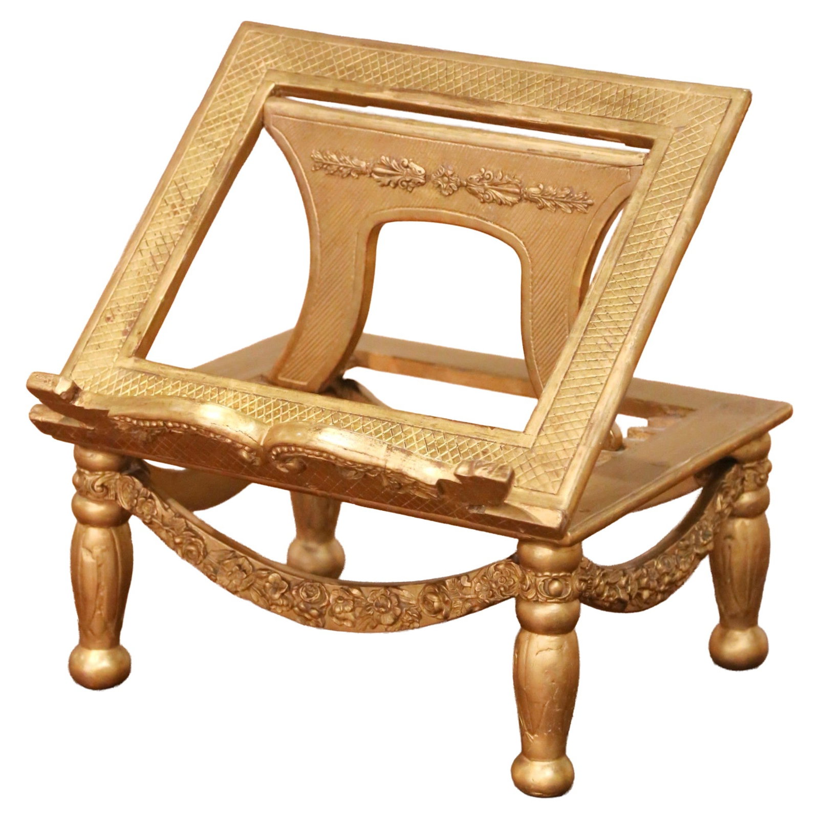 French Louis XVI Giltwood Adjustable Lectern Book Stand Circa 1880: French Louis XVI Giltwood Adjustable Lectern Book Stand Circa 1880 This elegant 19th century French Louis XVI book stand, crafted circa 1880, features finely hand-carved giltwood with intricate neocla