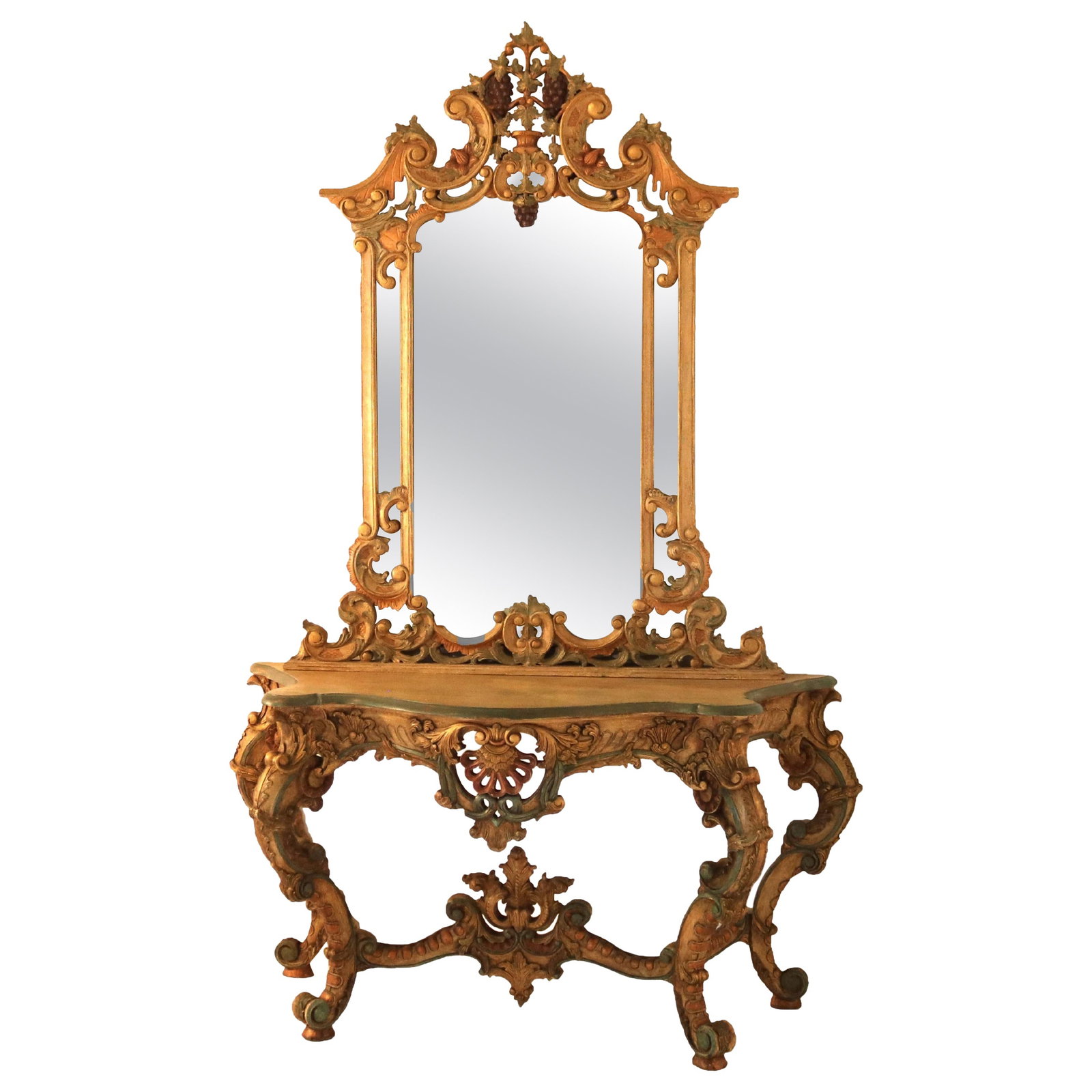 Antique French Louis XIV Style Polychromed Console Mirror Set c1940: Antique French Louis XIV Style Polychromed Console Mirror Set c1940 This exquisite French Louis XIV style console set features ornately scrolled polychrome detailing, making it a stunning addition to