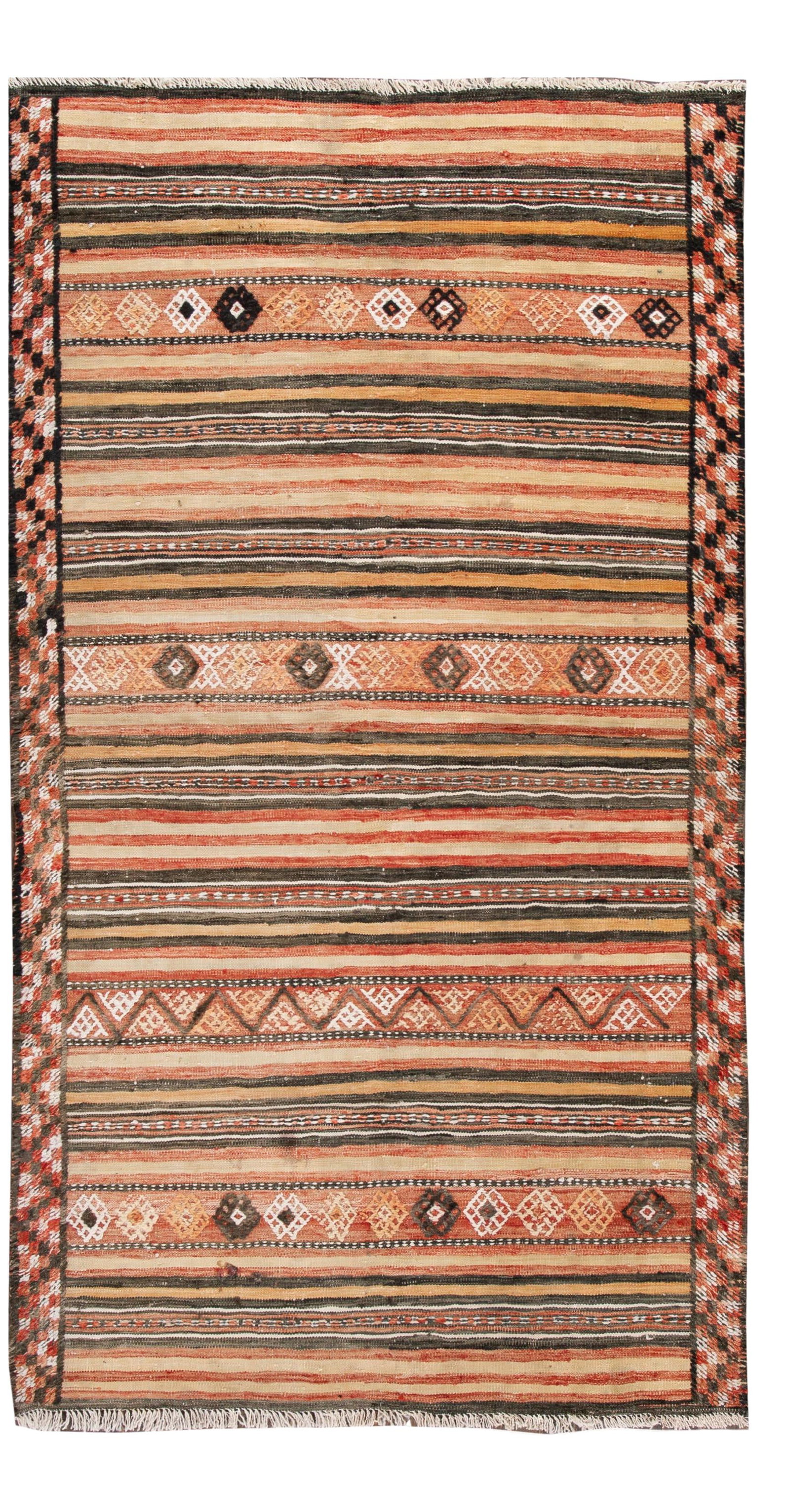 Mid-Century Hand-Woven Wool Kilim Rug Tan 4'8" x 8'7": Mid-Century Hand-Woven Wool Kilim Rug Tan 4'8" x 8'7" This exquisite hand-woven vintage kilim rug features a warm tan field complemented by vibrant multi-color accents arranged in an all-over stripe d