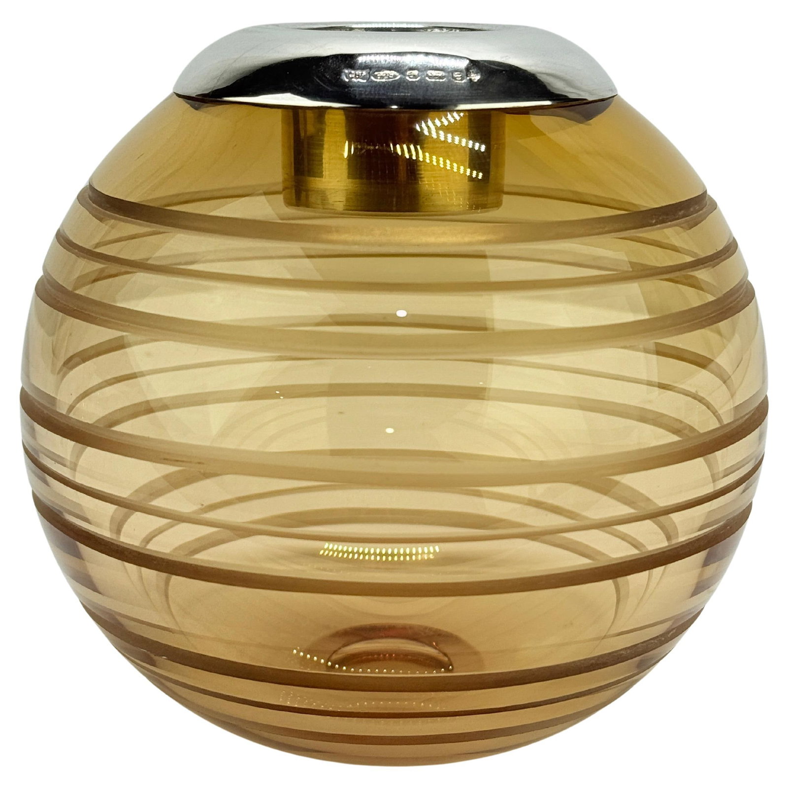 Amber Glass Match Striker with Sterling Silver Rim English Modern c 2000: Amber Glass Match Striker with Sterling Silver Rim English Modern c 2000 This large English match striker features a spherical form crafted from amber-tinted blown glass, adorned with precisely engrav
