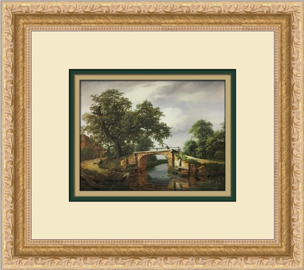 Jacob Van Ruisdael Wooded Landscape Print Framed Art 1995: Jacob Van Ruisdael Wooded Landscape Print Framed Art 1995 This exquisite custom framed print features the renowned work of artist Jacob Van Ruisdael titled 'Wooded Landscape w/Angler On The Bridge.' M