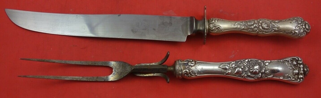 Shiebler American Beauty Sterling Silver 2-Pc Carving Set Knife 12 3/4": Shiebler American Beauty Sterling Silver 2-Pc Carving Set Knife 12 3/4" Introducing the exquisite American Beauty Roast Carving Set by Shiebler, crafted in sterling silver. This elegant 2-piece set in