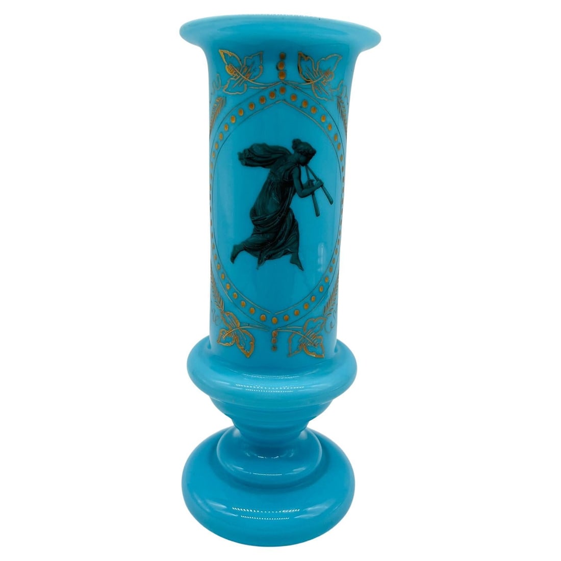 19th Century Antique Blue Opaline Glass Vase with Etched Roman Goddess: 19th Century Antique Blue Opaline Glass Vase with Etched Roman Goddess This stunning antique blue opaline Bristol glass vase showcases a finely etched depiction of a Roman goddess, highlighting exquis