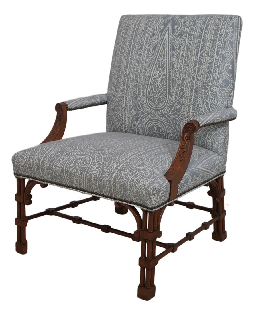 Chinese Chippendale Open Arm Library Chair Brown Damask Upholstery: Chinese Chippendale Open Arm Library Chair Brown Damask Upholstery This exquisite Chinese Chippendale open arm library chair showcases a classic 18th-century design with its pierced turned legs and hi