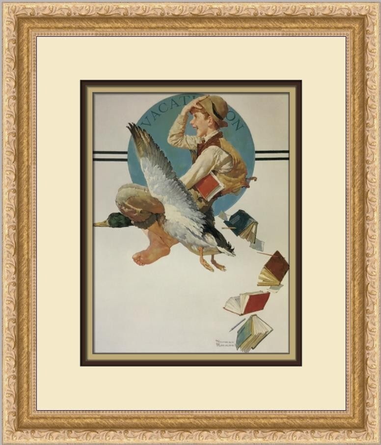 Norman Rockwell Vacation Boy Riding Goose Framed Print 1993: Norman Rockwell Vacation Boy Riding Goose Framed Print 1993 This charming custom framed print by renowned artist Norman Rockwell features the delightful scene of a "Vacation Boy Riding Goose." Measuri