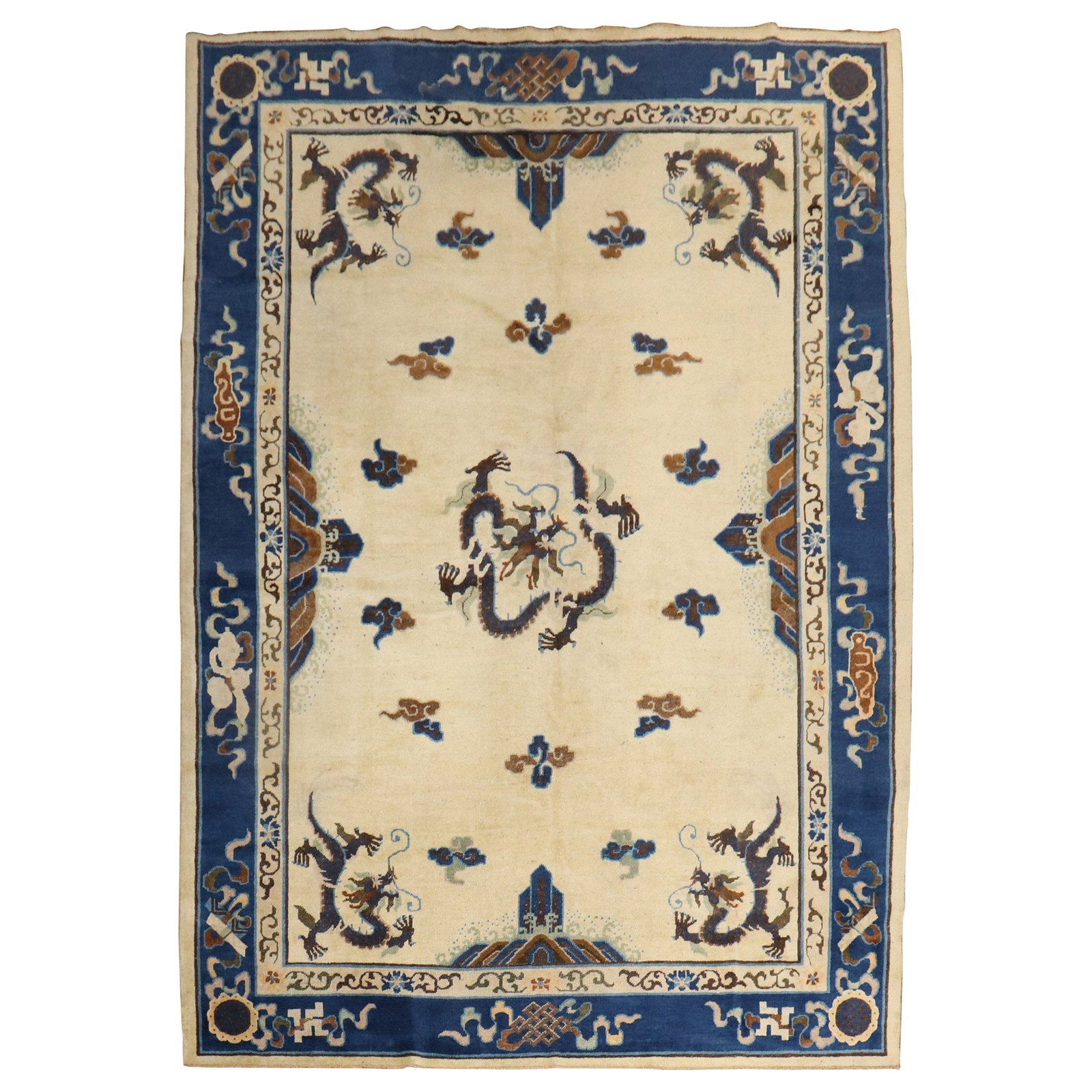 Zabihi Collection Hand-Woven Ivory Chinese Dragon Rug 87 x 115 in: Zabihi Collection Hand-Woven Ivory Chinese Dragon Rug 87 x 115 in Presenting an exquisite early 20th century Chinese Peking Dragon rug, featuring an elegant ivory ground with a spacious open field des
