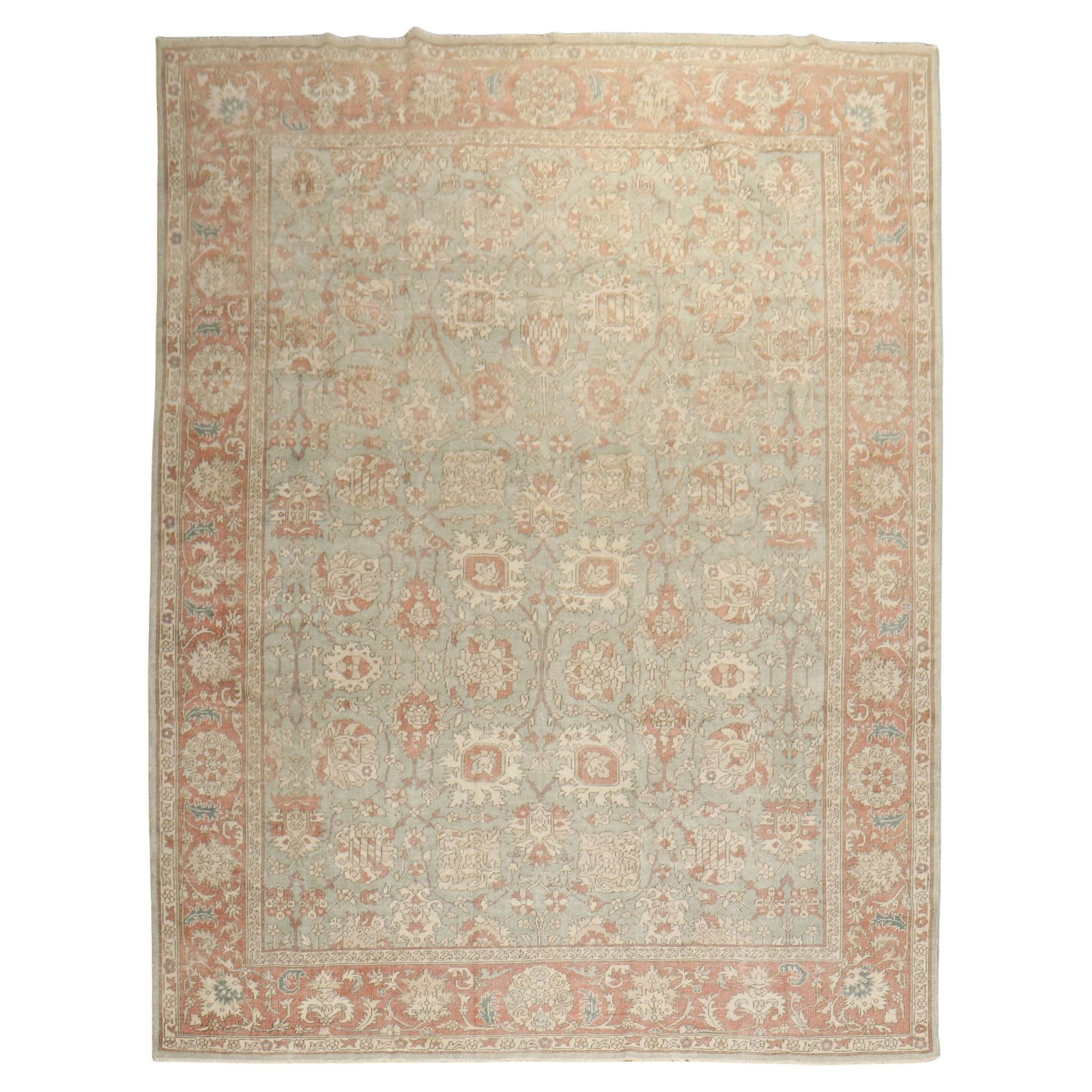 Zabihi Collection Hand-Woven Green Turkish Rug 101x138 Mid-Century Modern: Zabihi Collection Hand-Woven Green Turkish Rug 101x138 Mid-Century Modern Discover the elegance of this vintage Turkish room size rug, a stunning addition to any space. Crafted from high-quality wool