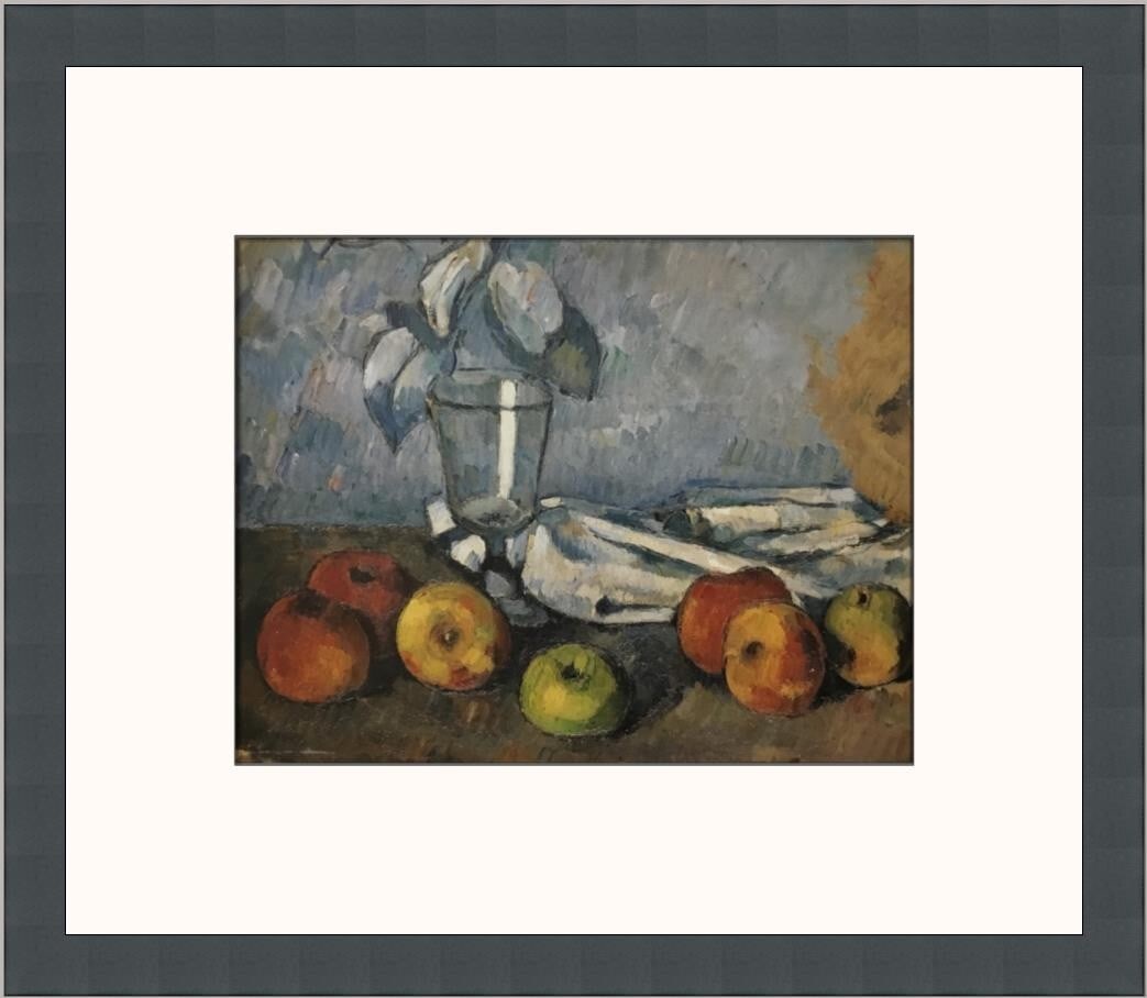 Paul Cezanne Glass and Apples Custom Framed Print 12 x 14: Paul Cezanne Glass and Apples Custom Framed Print 12 x 14 This exquisite custom framed print titled "Glass and Apples" by renowned artist Paul Cezanne is a stunning representation of Impressionism and
