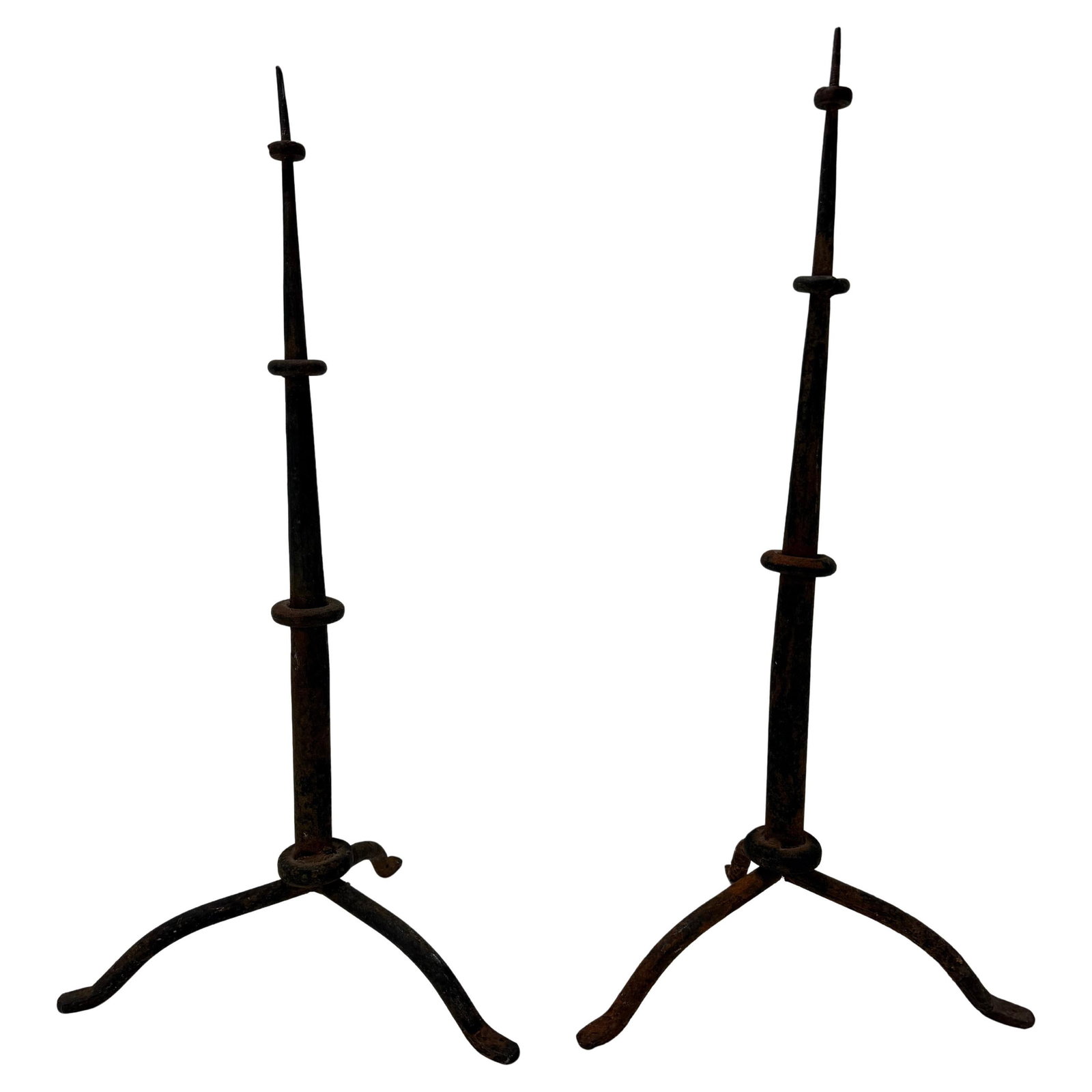 Set of 2 Antique Spanish Colonial Iron Prickets 19in: Set of 2 Antique Spanish Colonial Iron Prickets 19in This pair of Antique Spanish Colonial-style iron prickets showcases exquisite hand-forged craftsmanship from the early 20th century, with potential