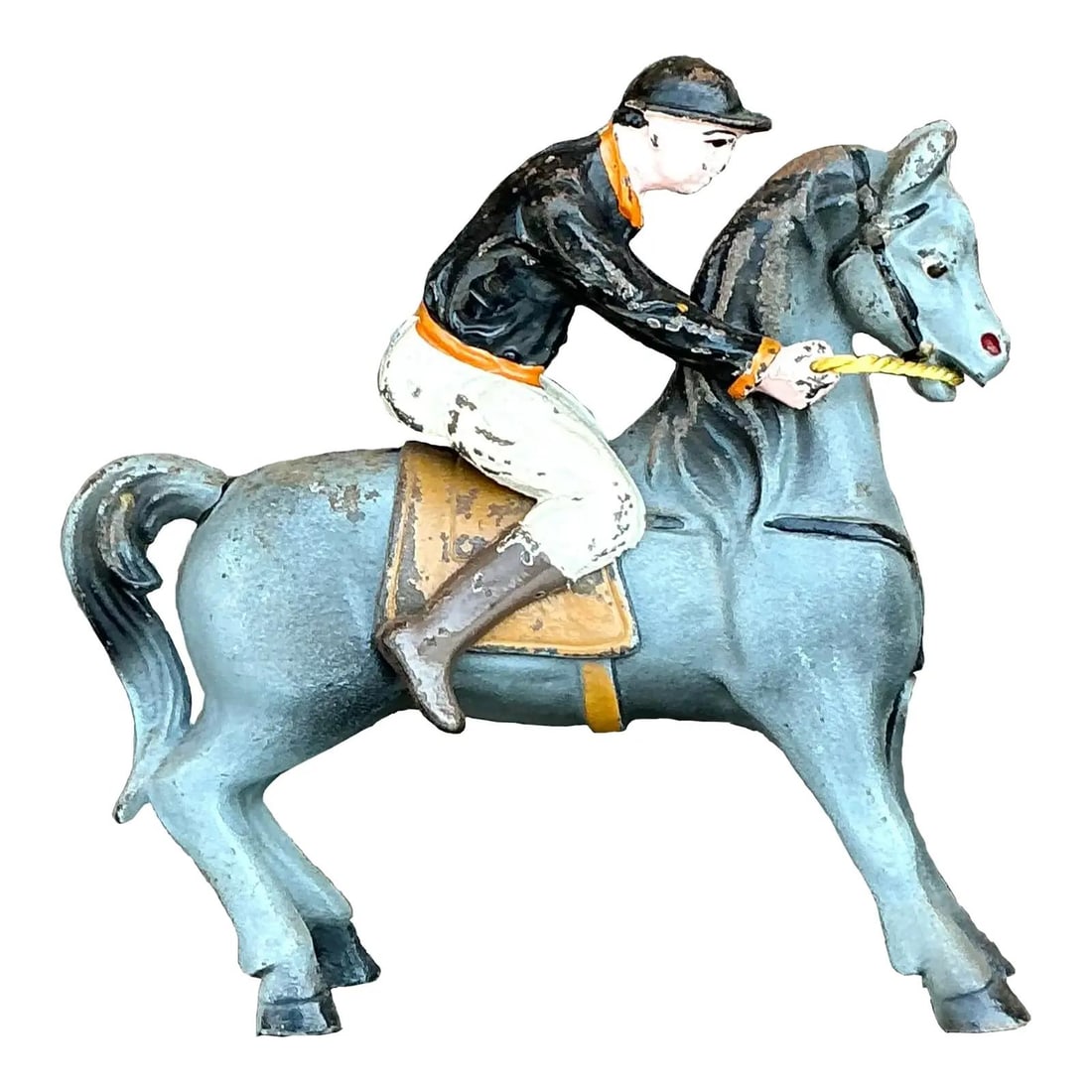 Vintage Boho Wrought Iron Horseback Rider Sculpture: Vintage Boho Wrought Iron Horseback Rider Sculpture Embrace the spirit of adventure with this Vintage Boho Diecast Rider on Horseback. This captivating sculpture, crafted from durable wrought iron, sh